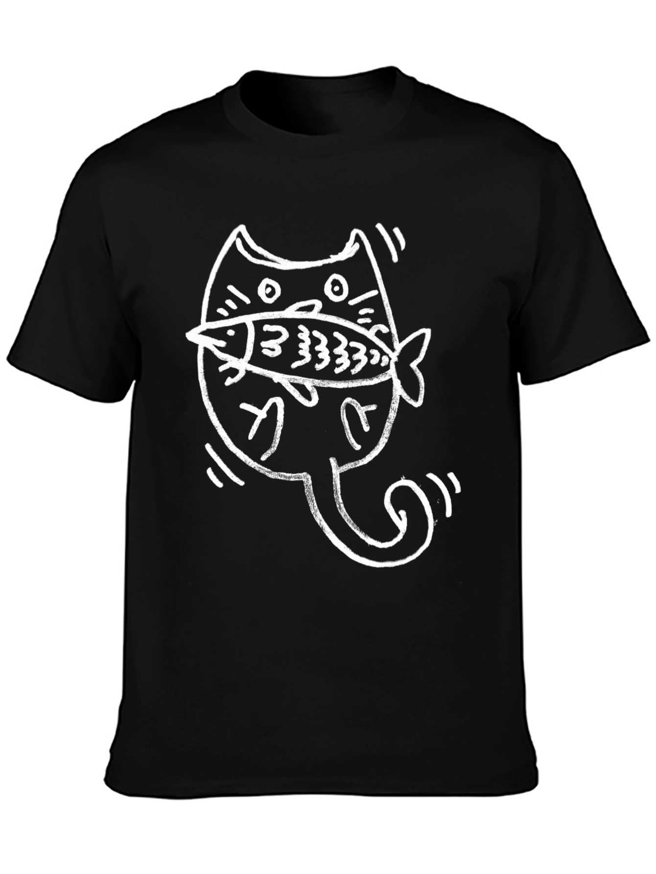 Cat with Fish Graphic T-Shirt - Black