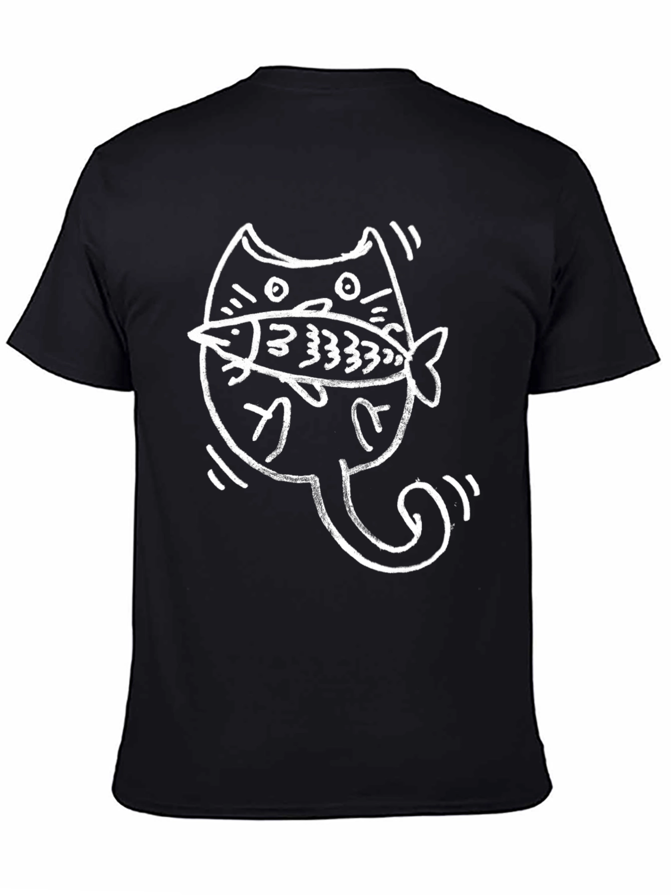 Cat with Fish Graphic T-Shirt - Black