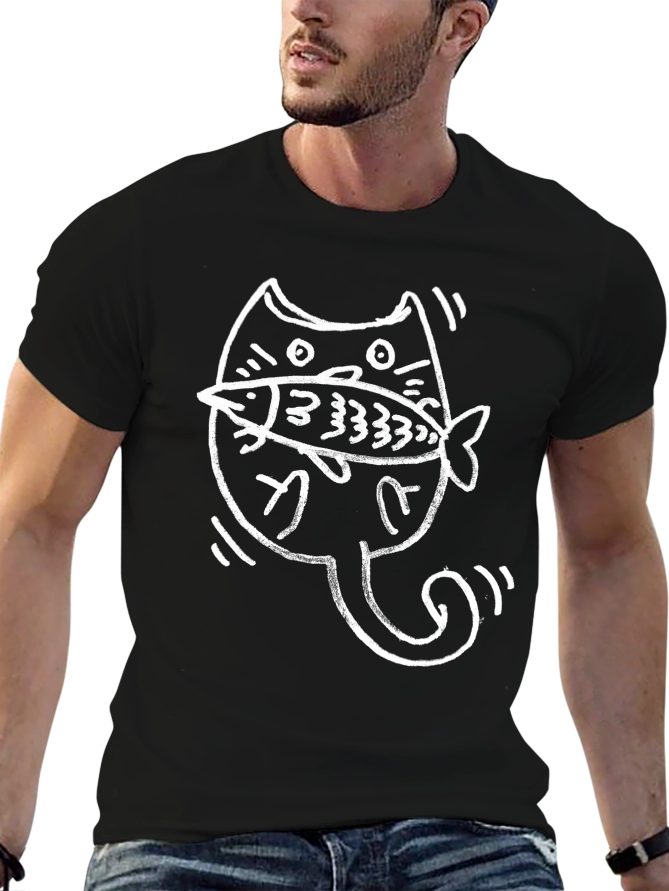 Cat with Fish Graphic T-Shirt - Black