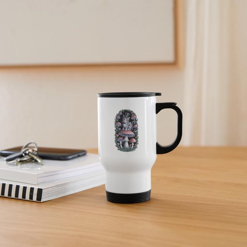 Gentleman cat hatter sitting on mushroom, black