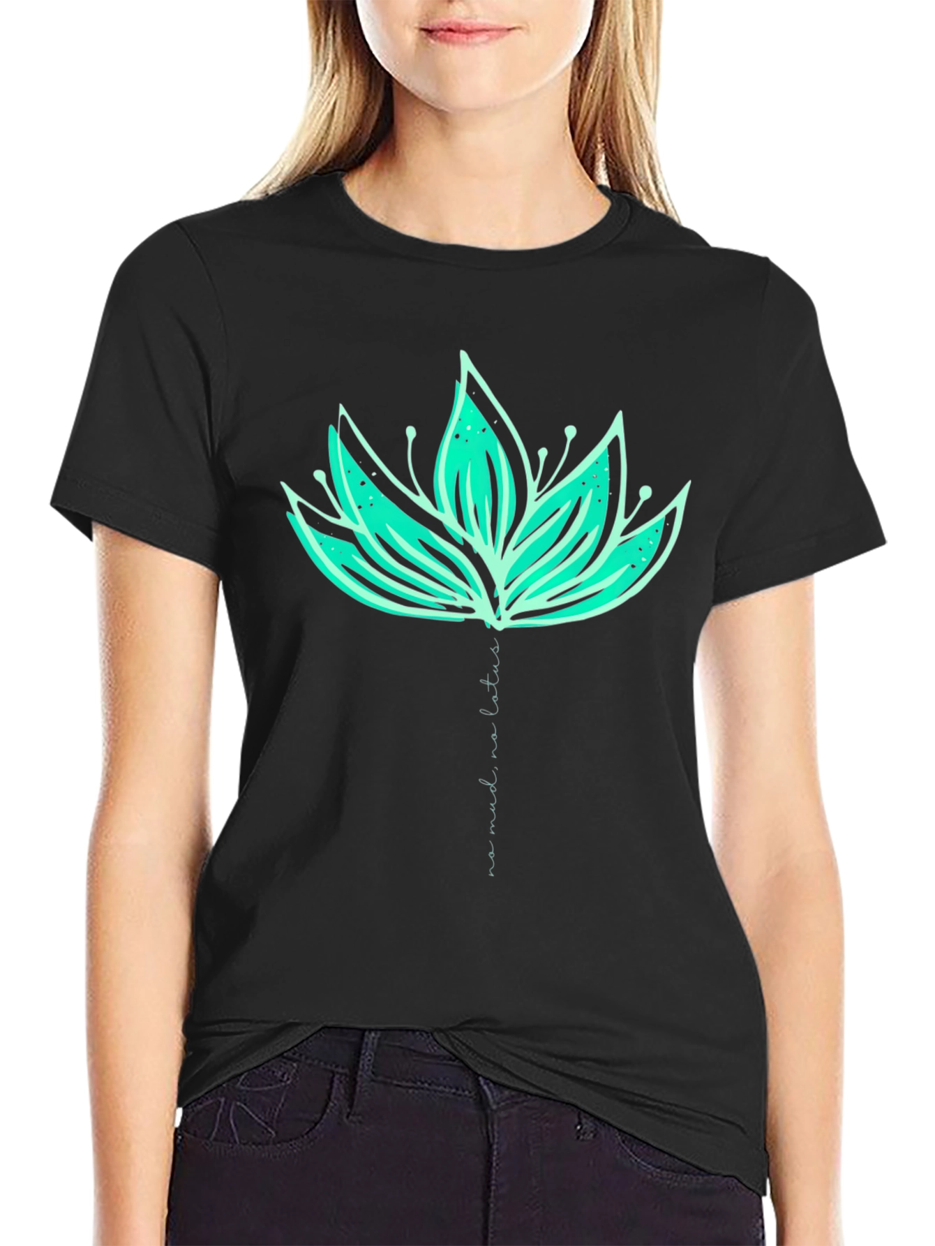 Lotus Flower Graphic Print Tee - Black Cotton Blend
