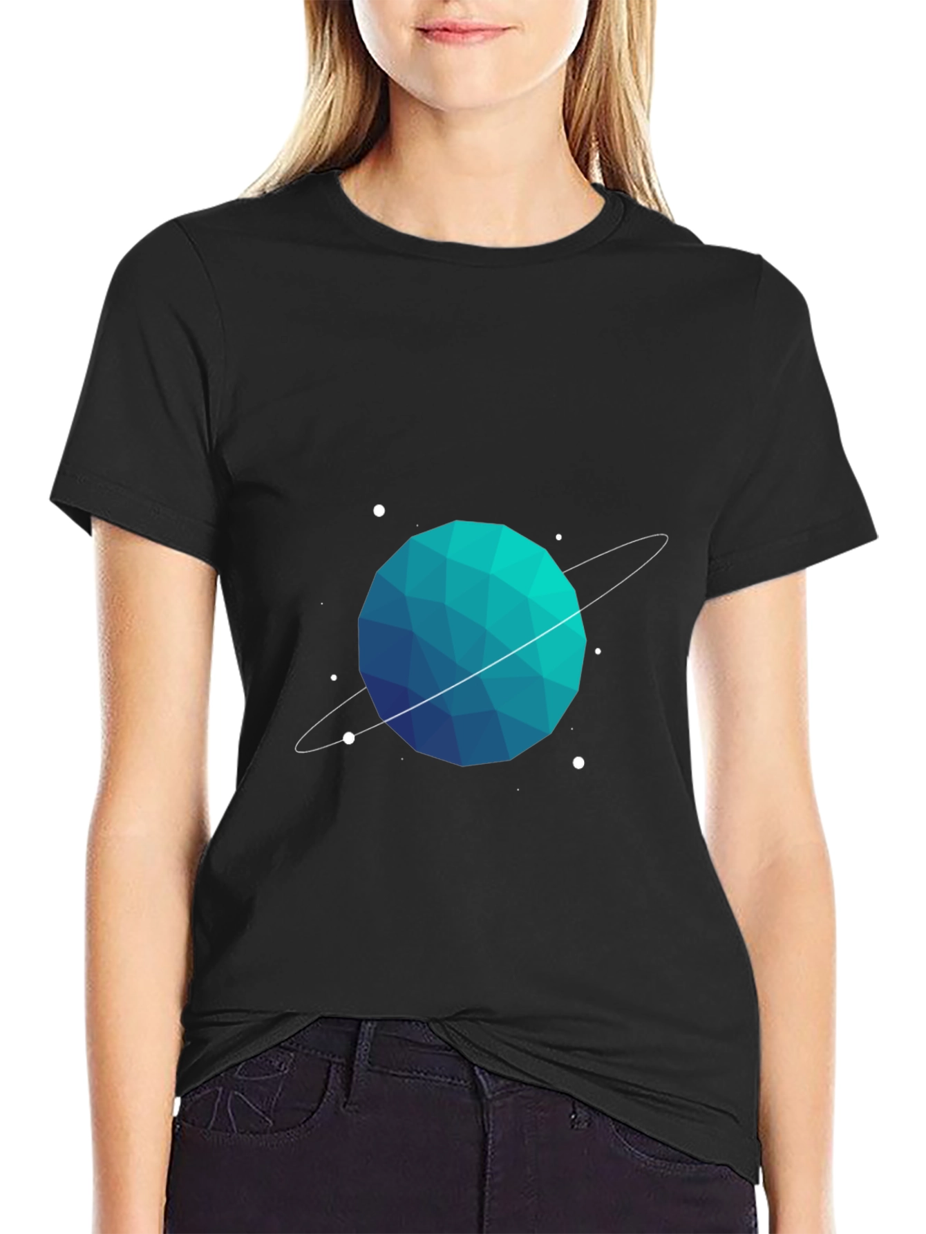 Geometric Planet Graphic Tee - Black Cotton Blend