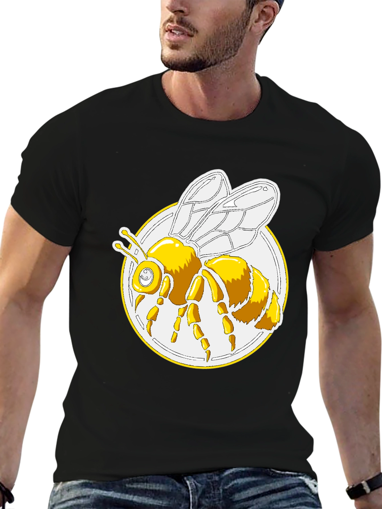 Bee Graphic T-Shirt - Round Design Black Cotton