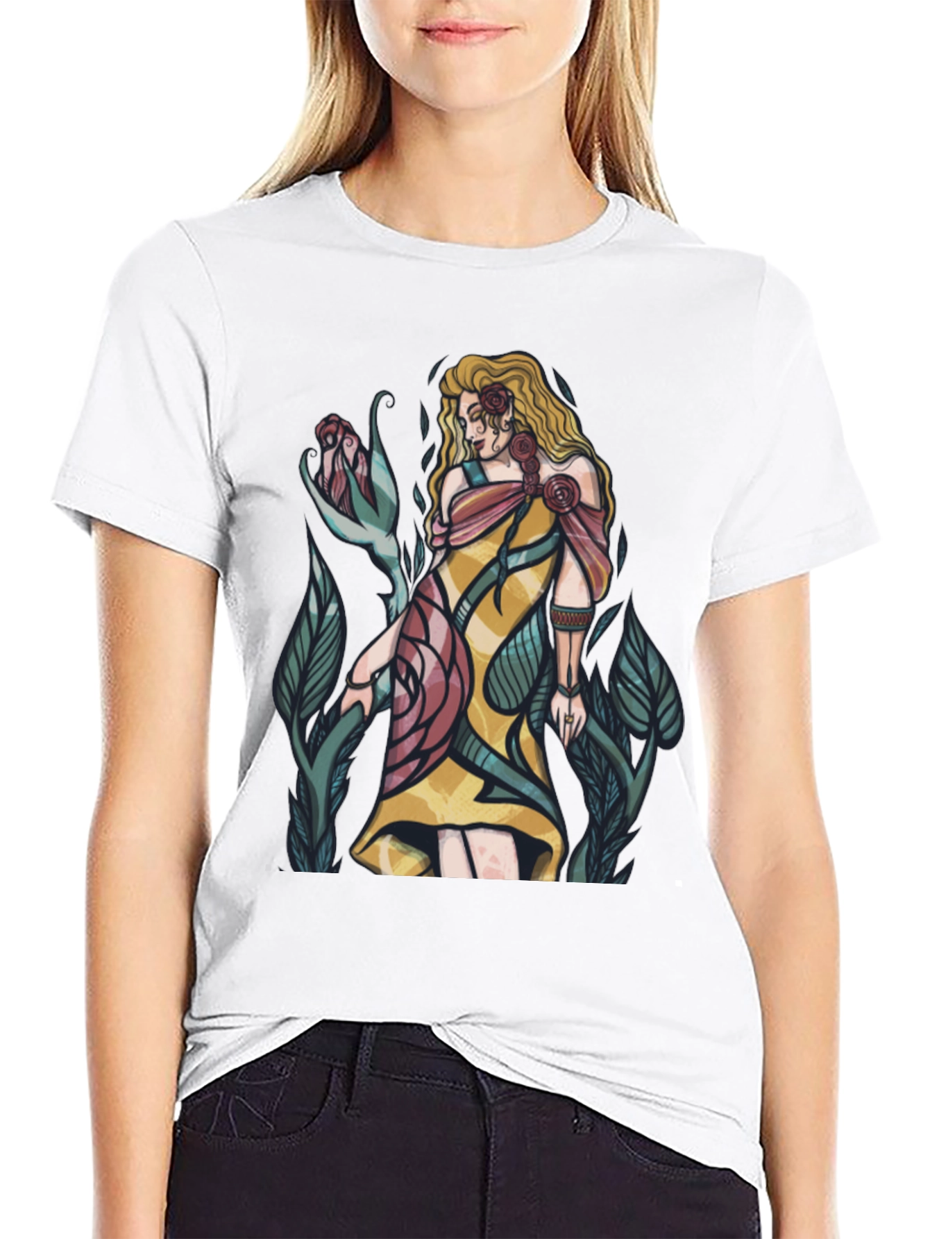 Rose Maiden Graphic T-Shirt - Elegant Floral Design