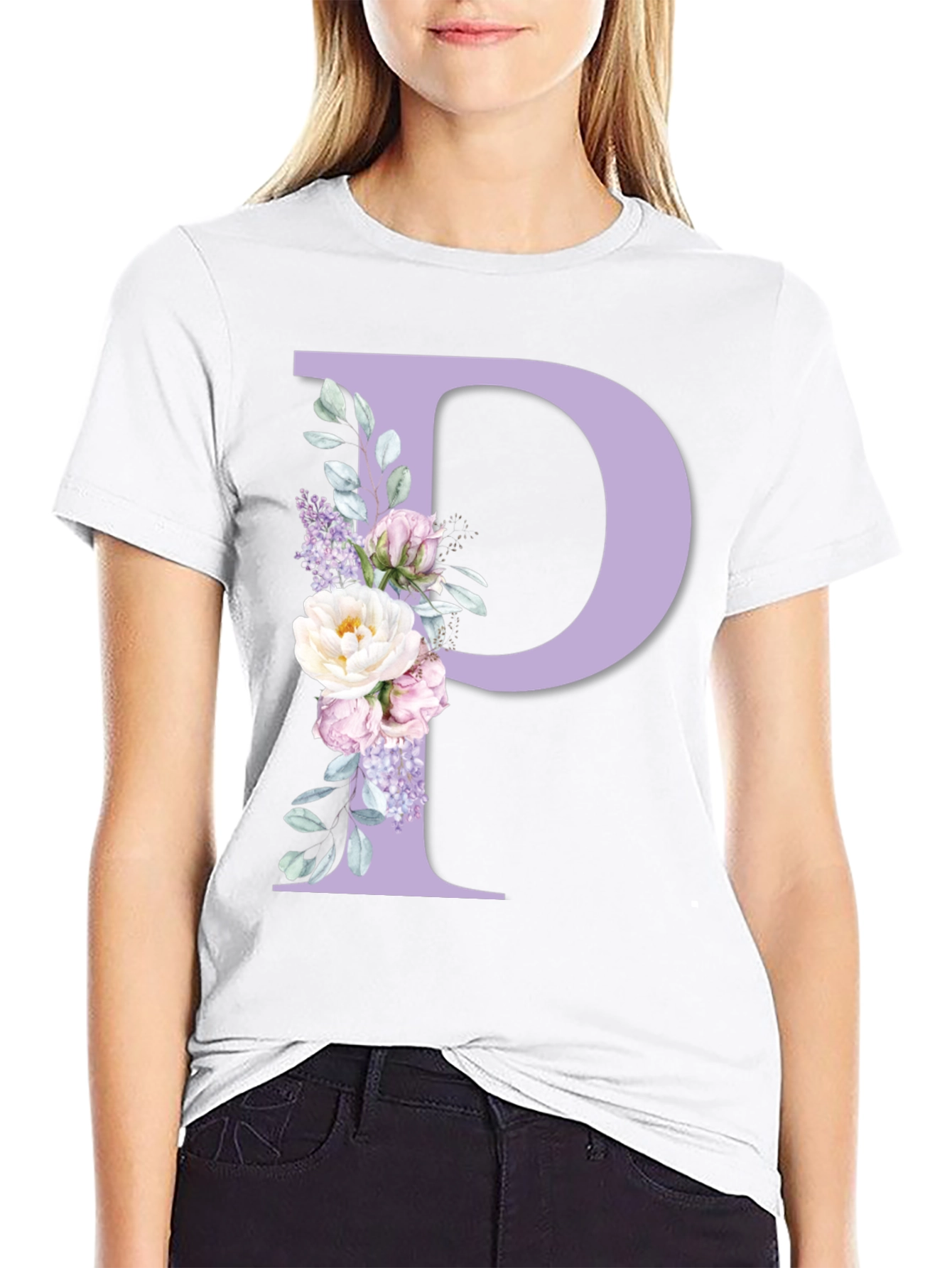 Floral Letter P Black T-Shirt