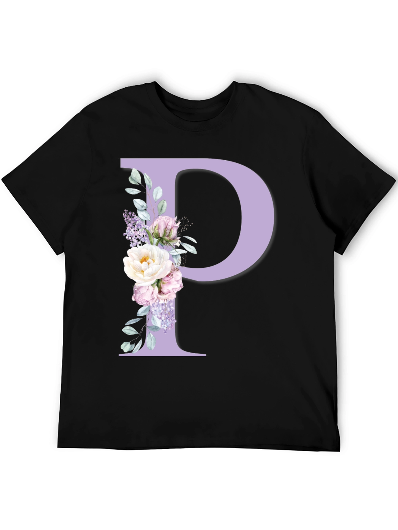 Floral Letter P Black T-Shirt