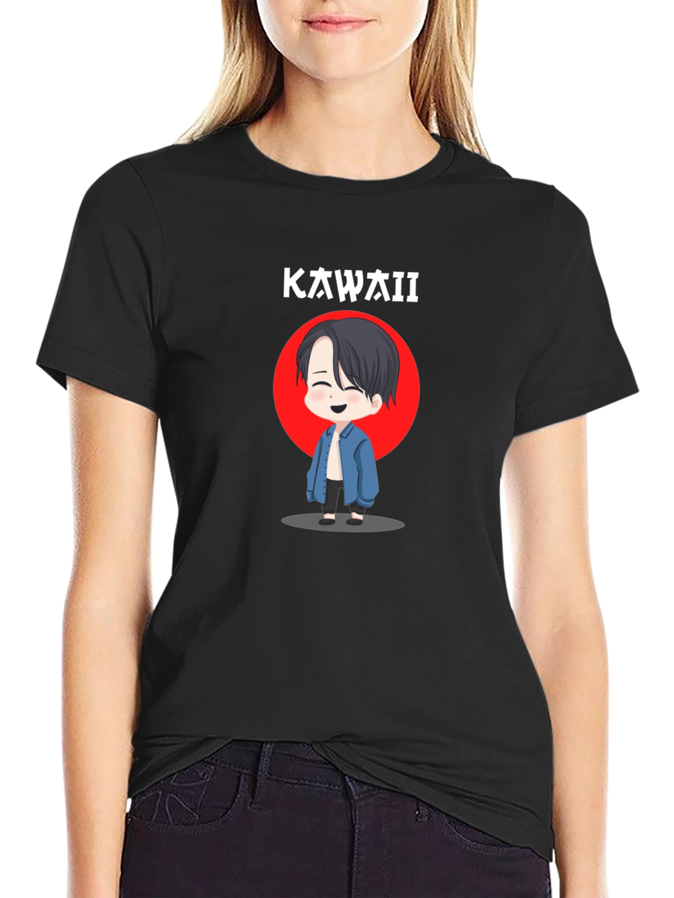 Kawaii Cartoon Anime Graphic Black T-Shirt