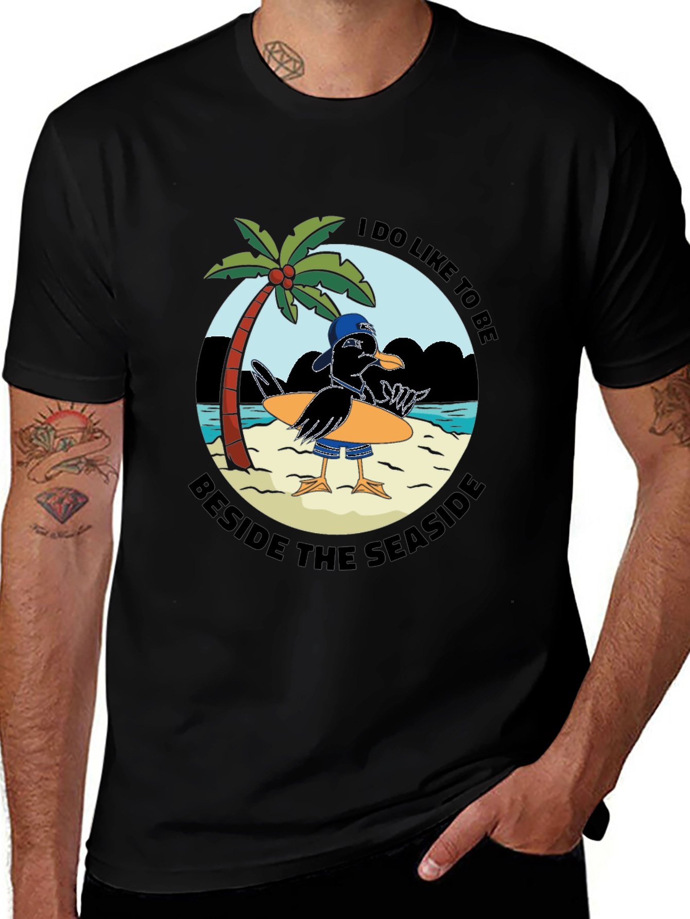 Seaside Seagull Graphic Tee - Black Cotton T-Shirt
