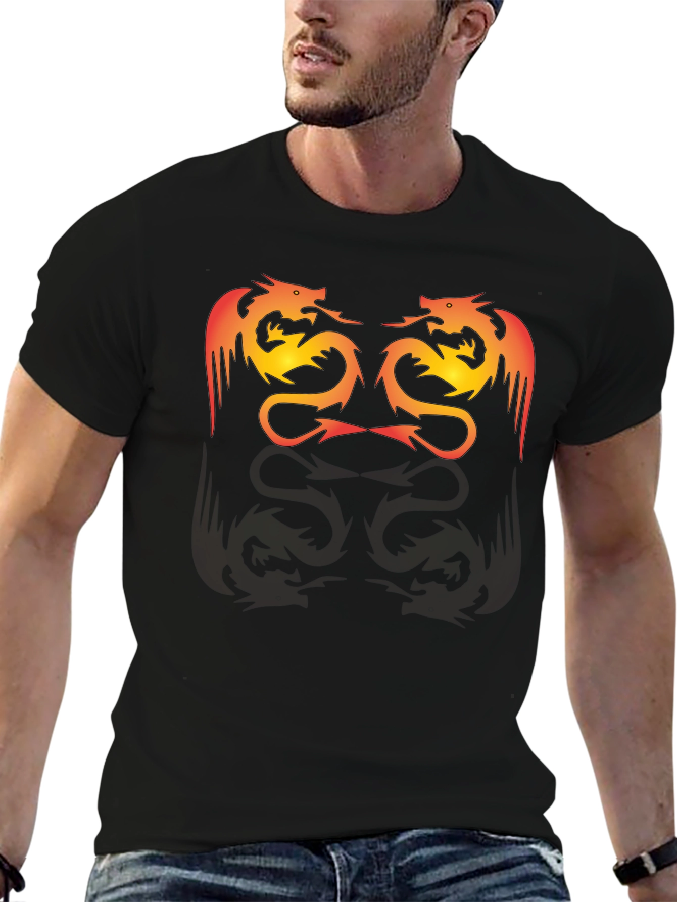 Twin Dragon Graphic Tee - Black Cotton Blend