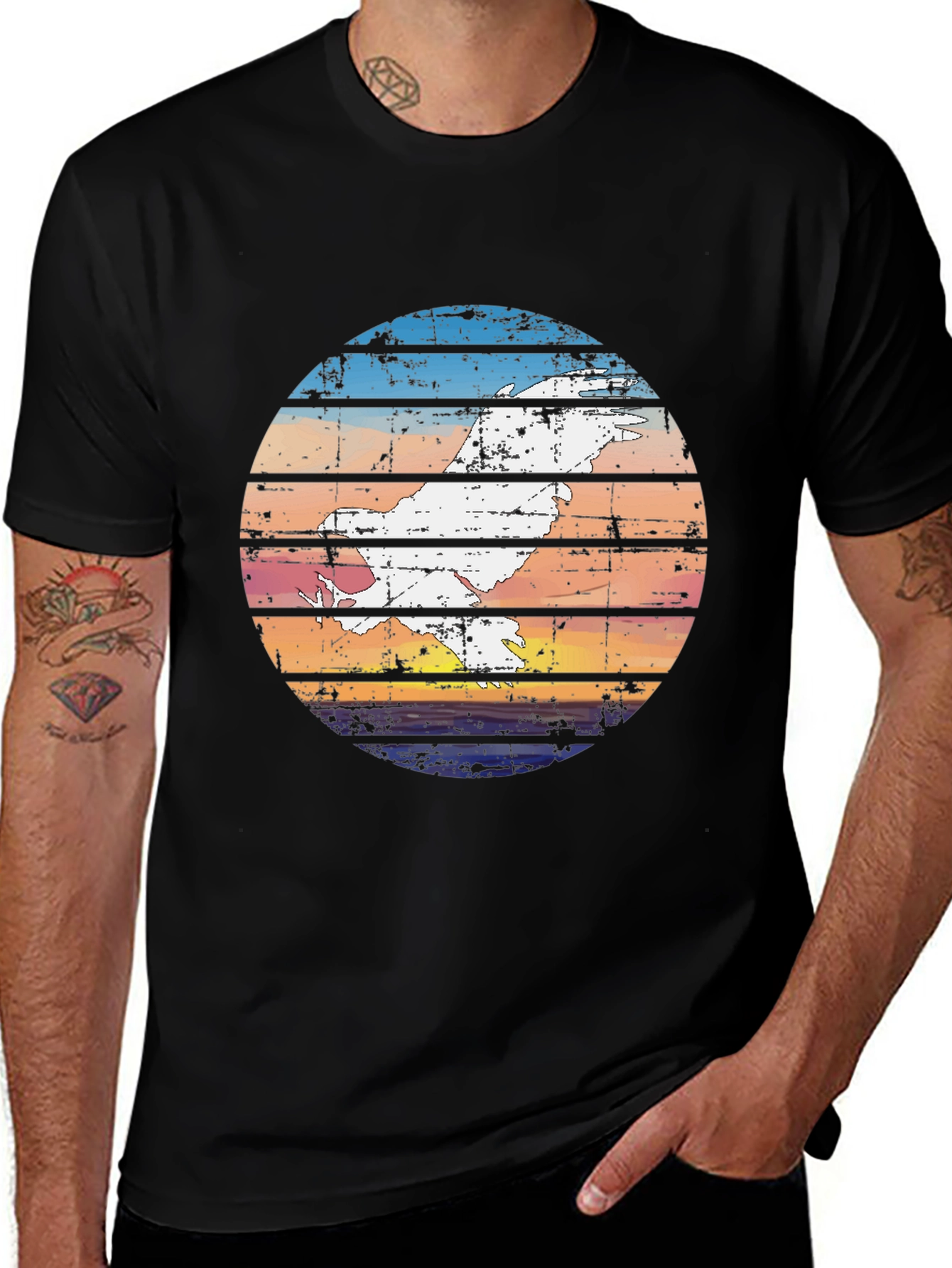Retro Sunset Bird Graphic Tee - Black