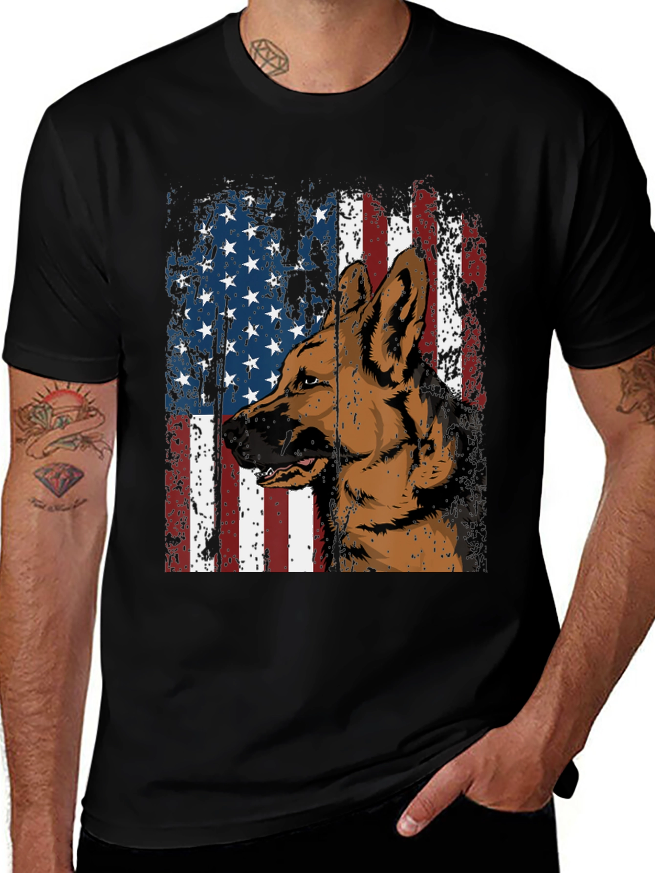 German Shepherd & American Pride Black Graphic T-Shirt