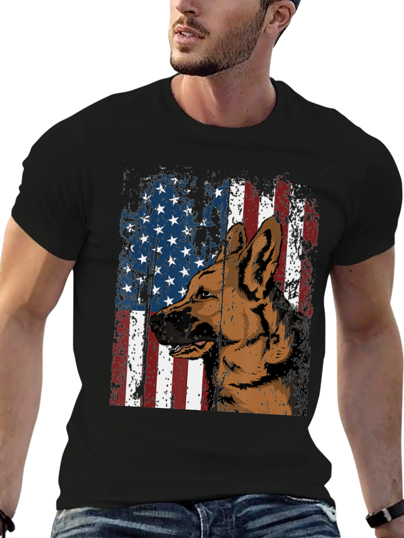 German Shepherd & American Pride Black Graphic T-Shirt