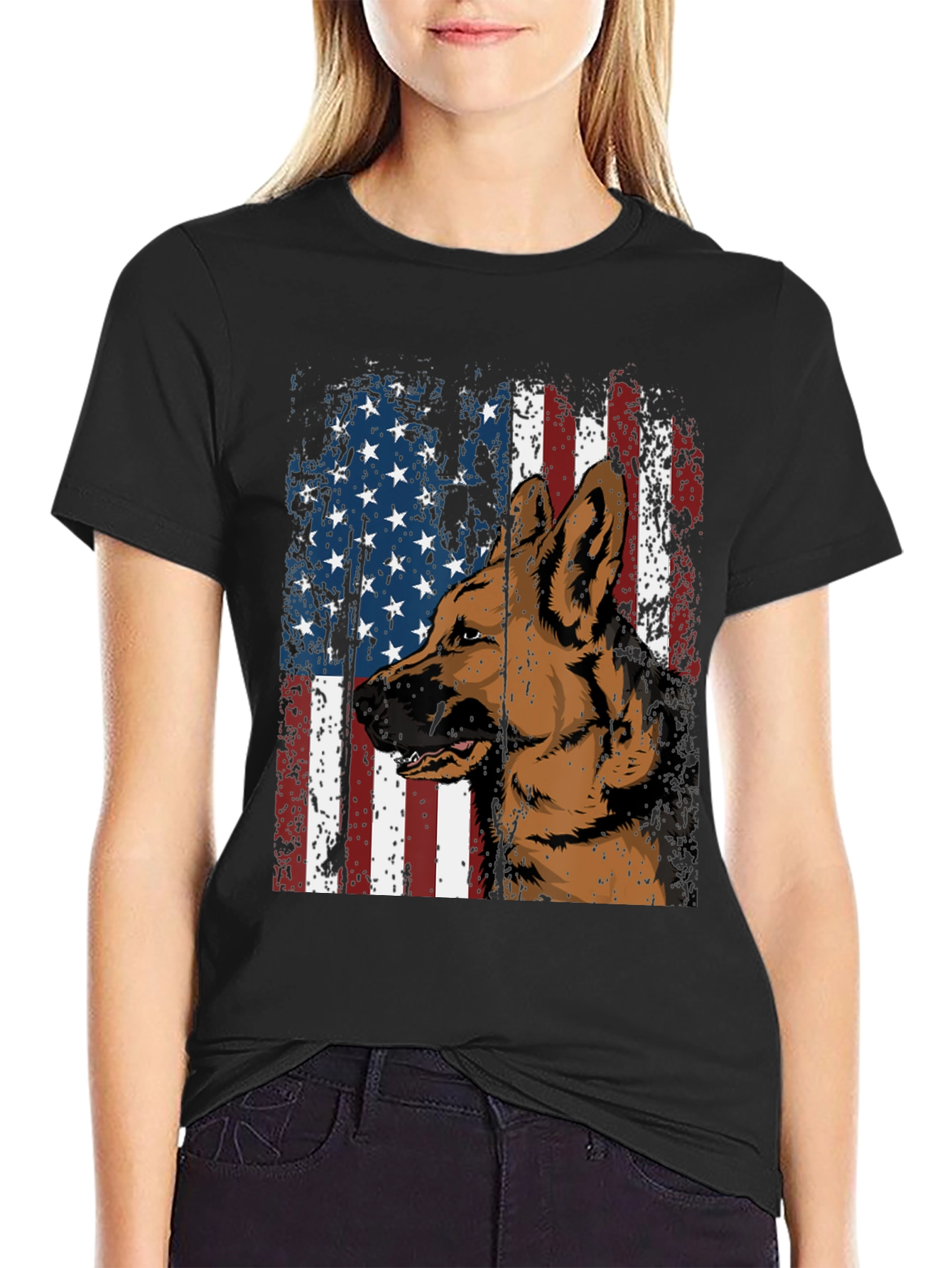German Shepherd & American Pride Black Graphic T-Shirt