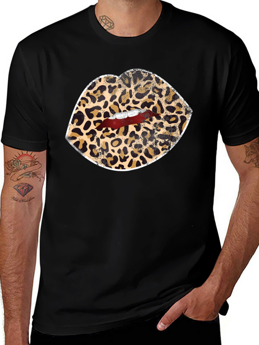 Leopard Print Lips Graphic Tee - Black Unisex