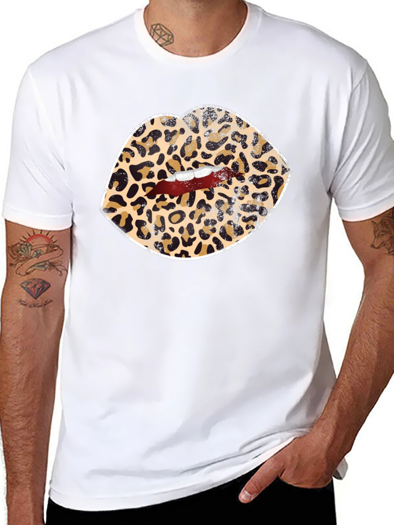 Leopard Print Lips Graphic Tee - Black Unisex