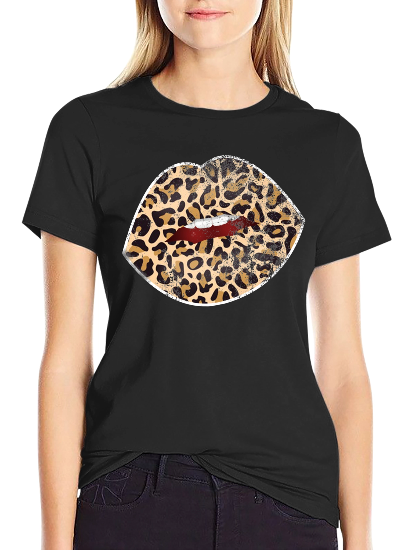 Leopard Print Lips Graphic Tee - Black Unisex