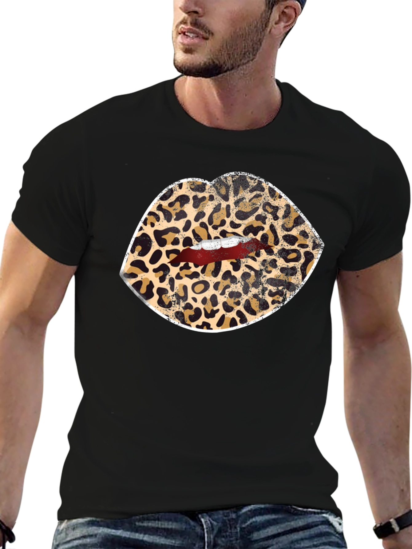 Leopard Print Lips Graphic Tee - Black Unisex