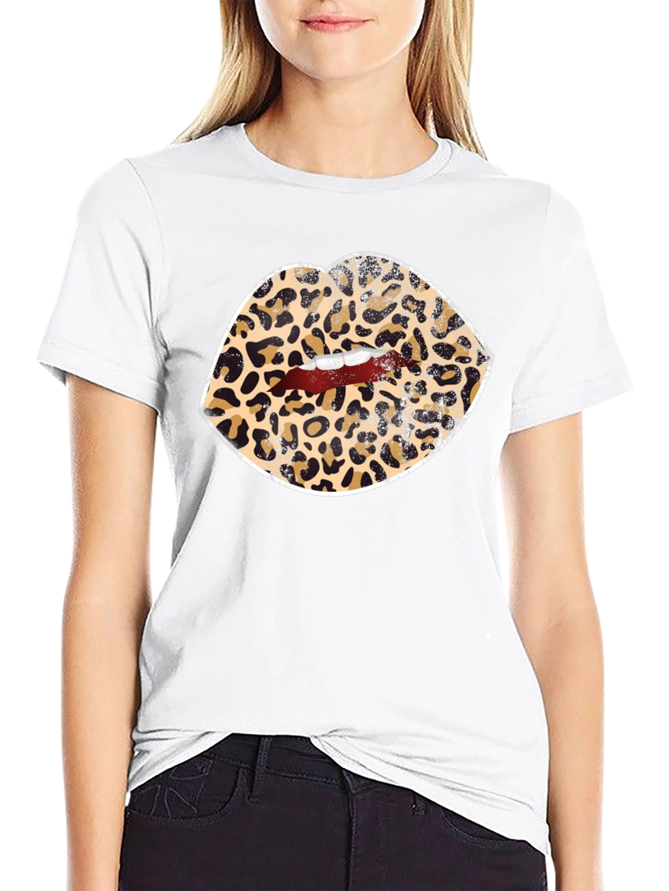 Leopard Print Lips Graphic Tee - Black Unisex