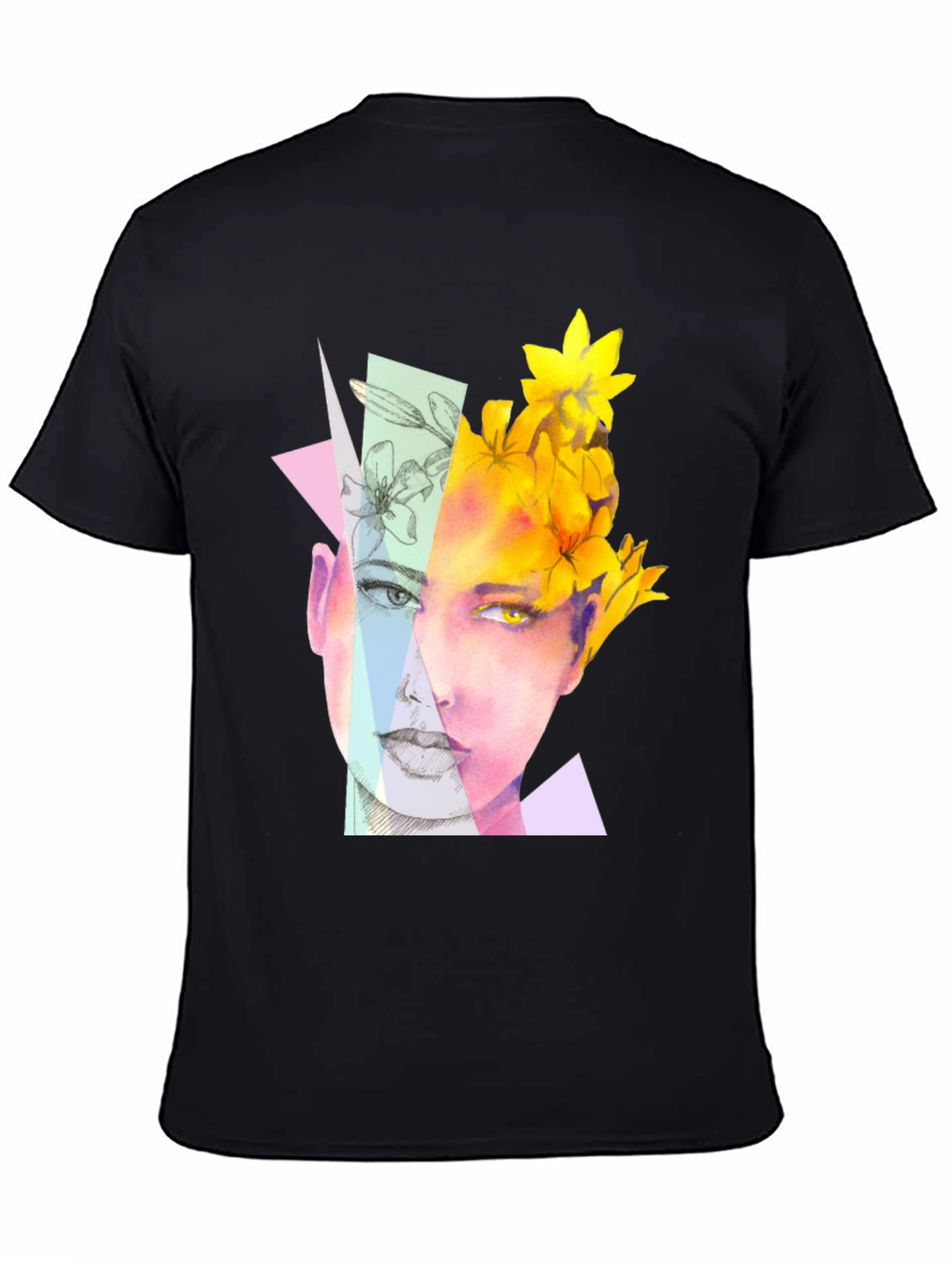 Abstract Floral Face Graphic Black T-Shirt