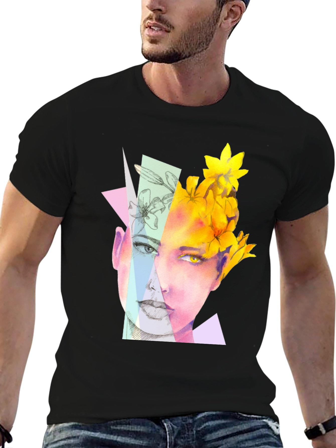 Abstract Floral Face Graphic Black T-Shirt