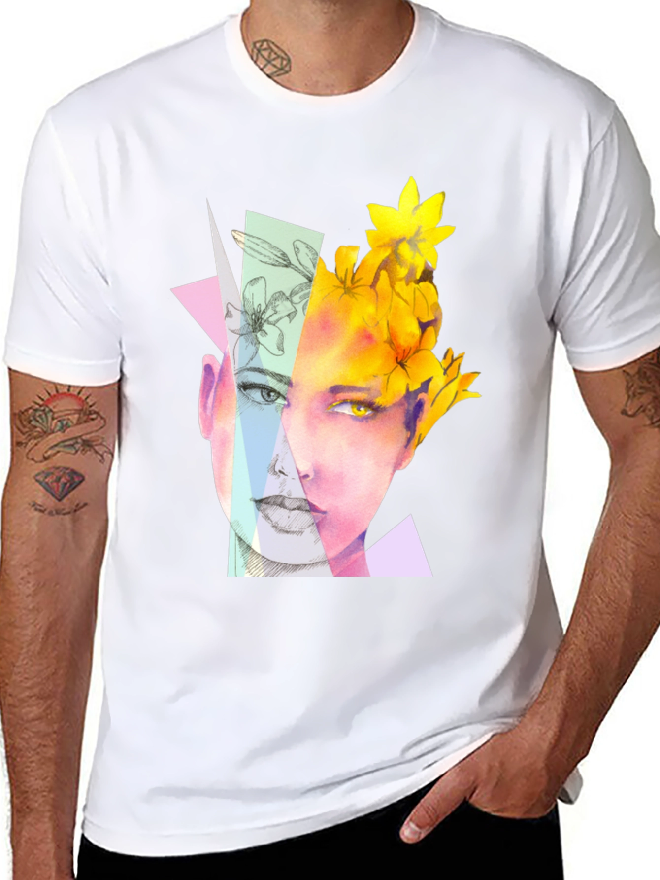 Abstract Floral Face Graphic Black T-Shirt