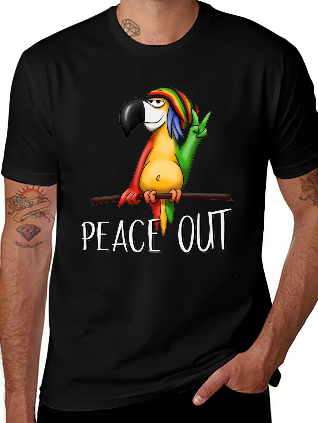 Peace Out Parrot Graphic T-Shirt - Black