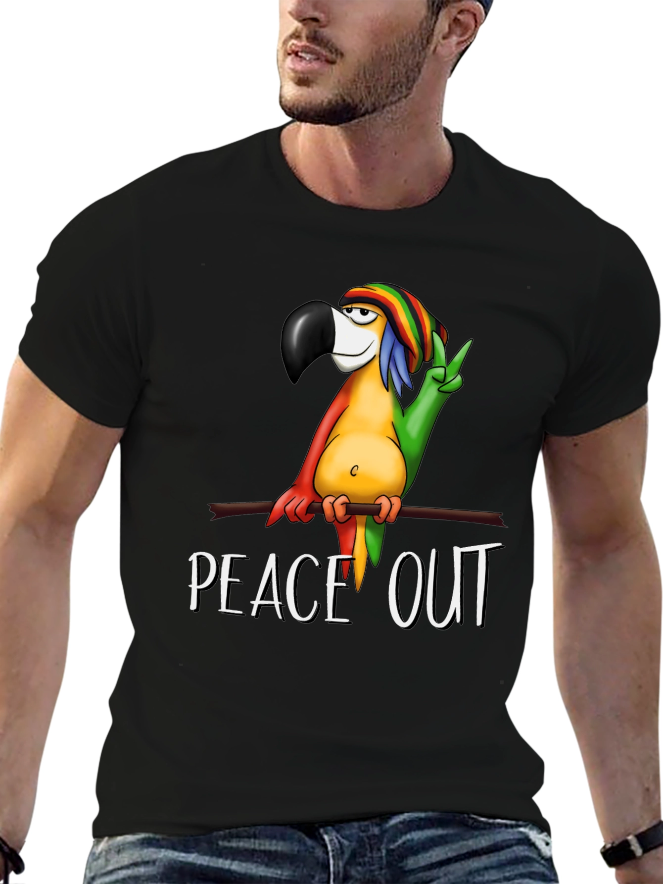 Peace Out Parrot Graphic T-Shirt - Black