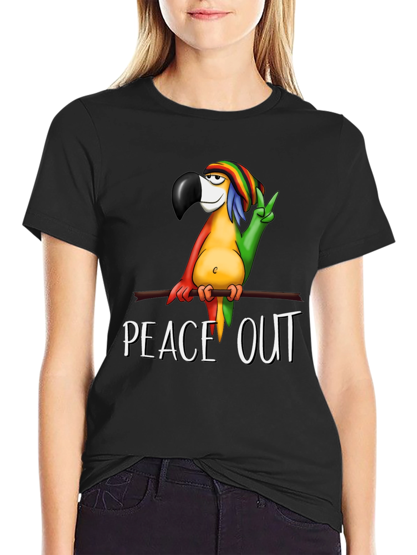 Peace Out Parrot Graphic T-Shirt - Black