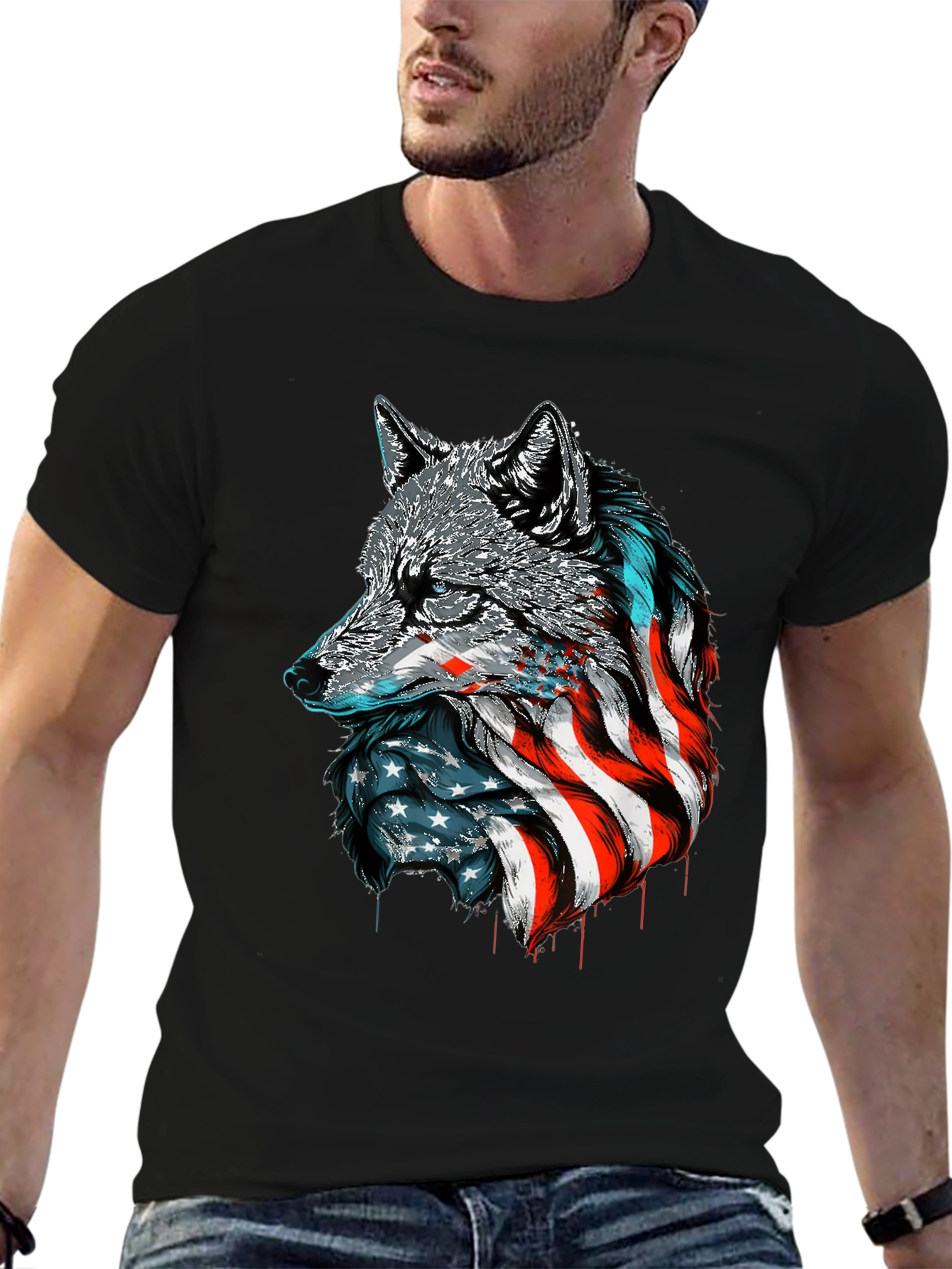 Patriotic Wolf Graphic Tee - American Flag Design
