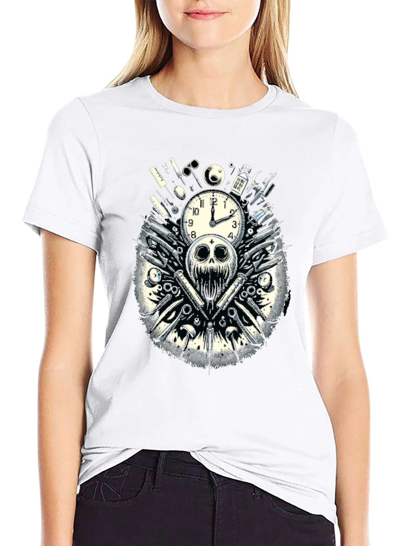 Skull & Clock Graphic T-Shirt - Edgy Fashion