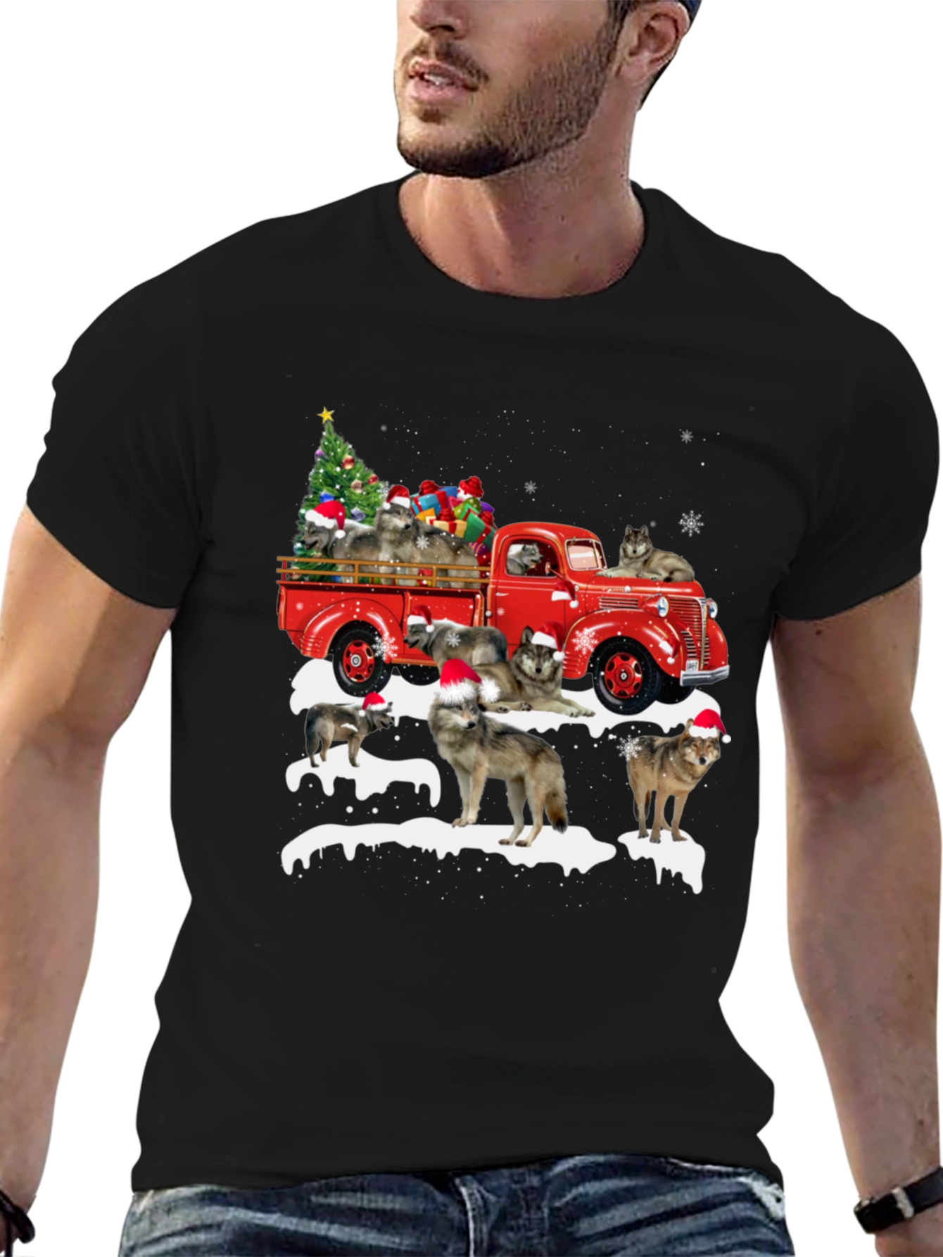 Festive Wolves & Truck Christmas T-Shirt