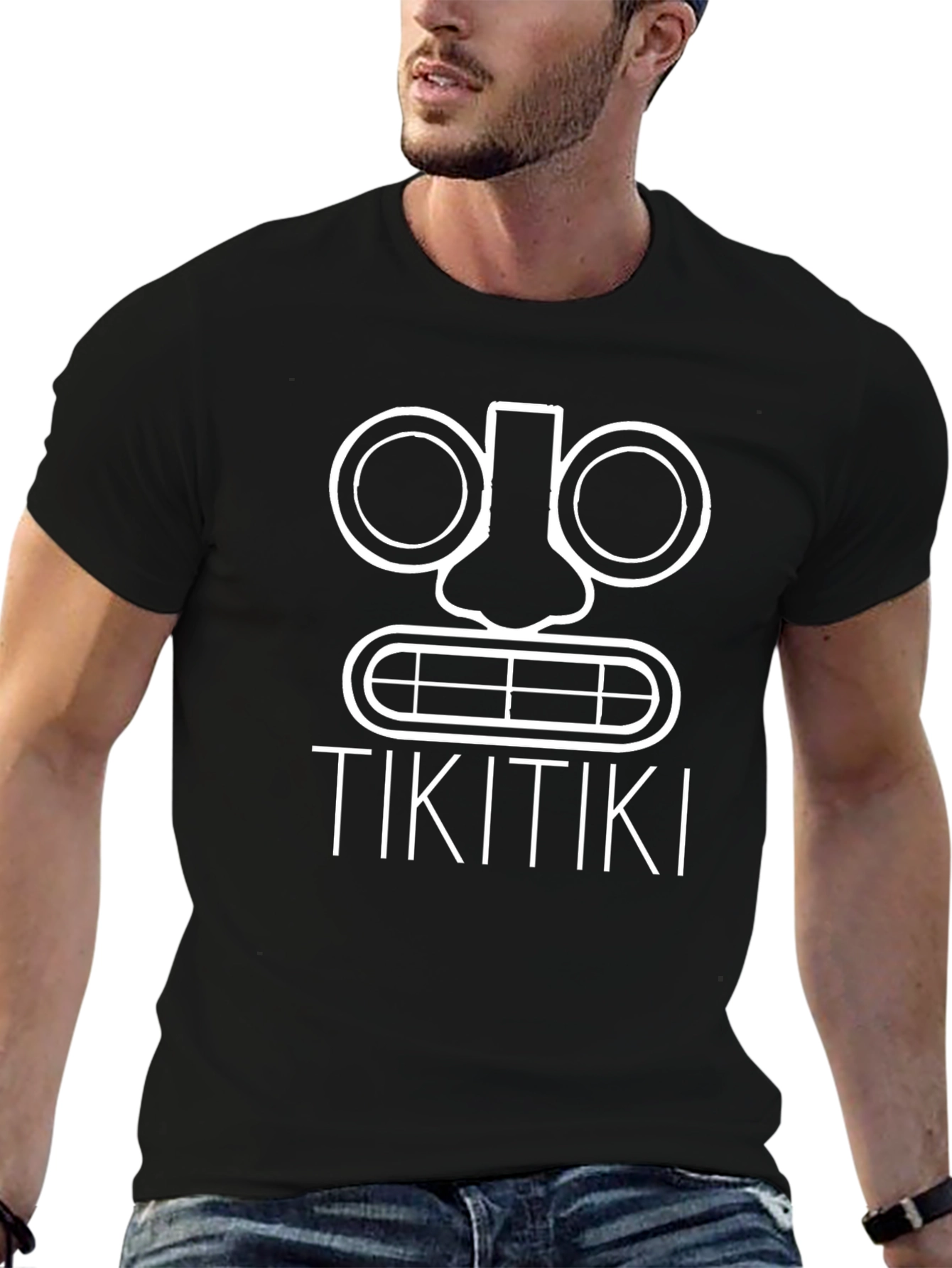 Tiki Face Graphic Print Black T-Shirt