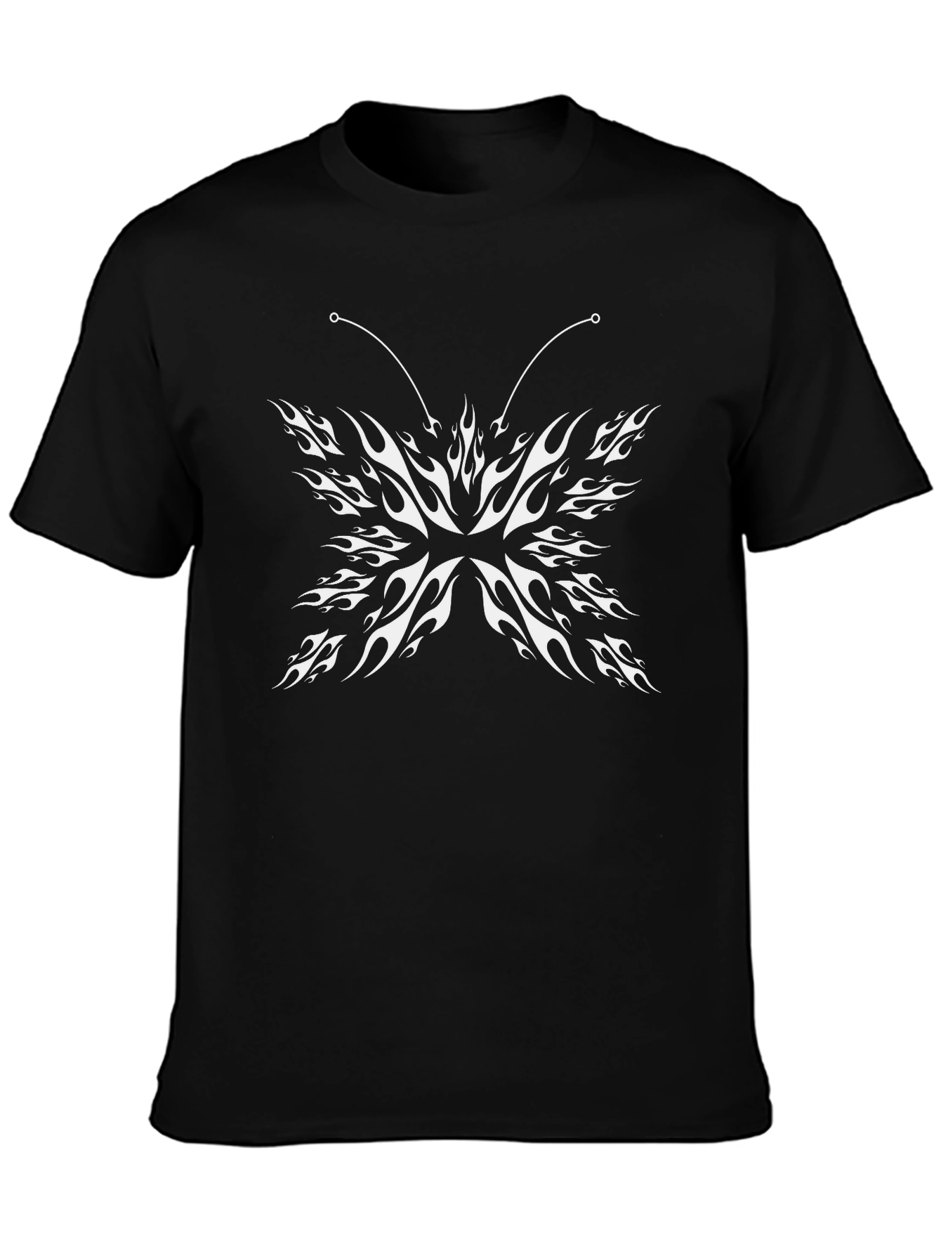 Black Tee with Tribal Flame Butterfly Graphic