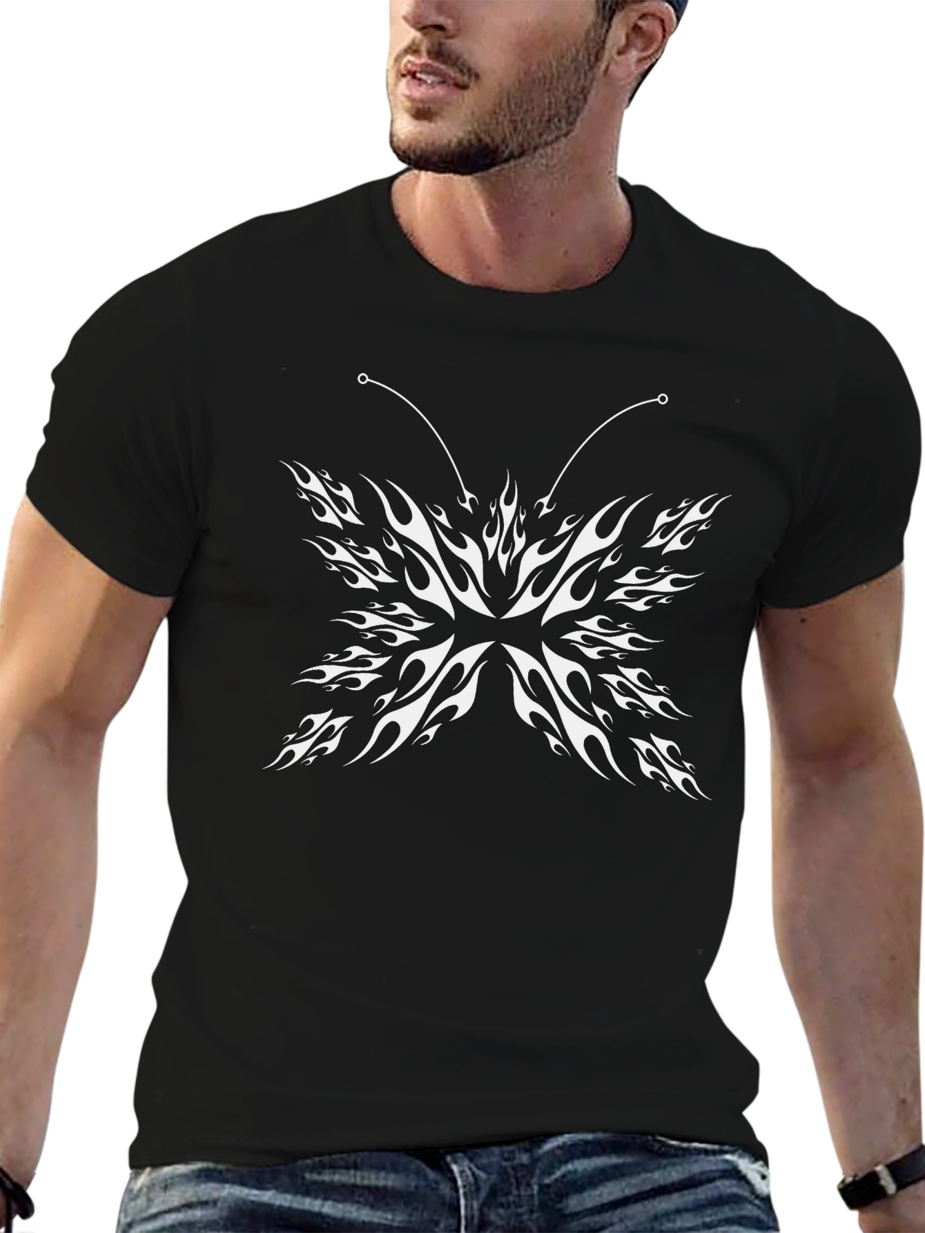 Black Tee with Tribal Flame Butterfly Graphic
