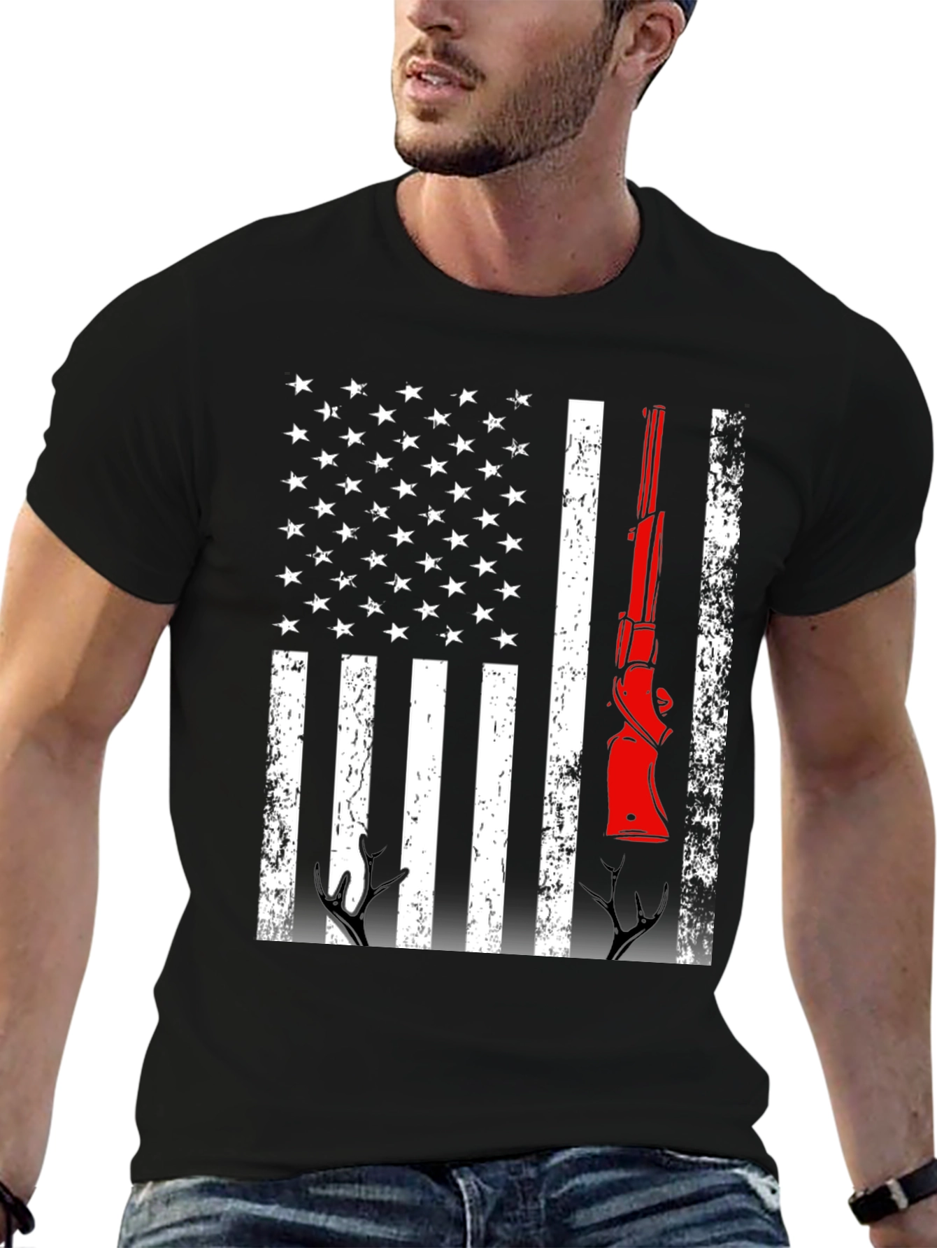 Patriotic Hunting T-Shirt American Flag Gun Deer Antlers