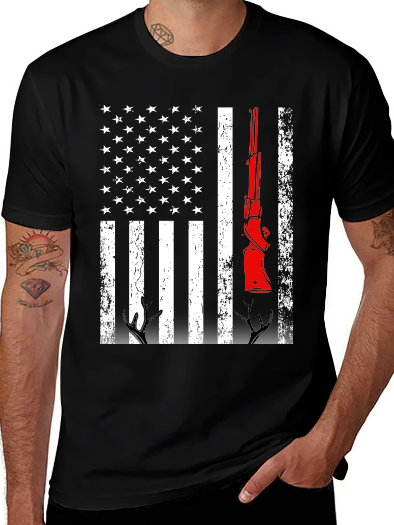 Patriotic Hunting T-Shirt American Flag Gun Deer Antlers