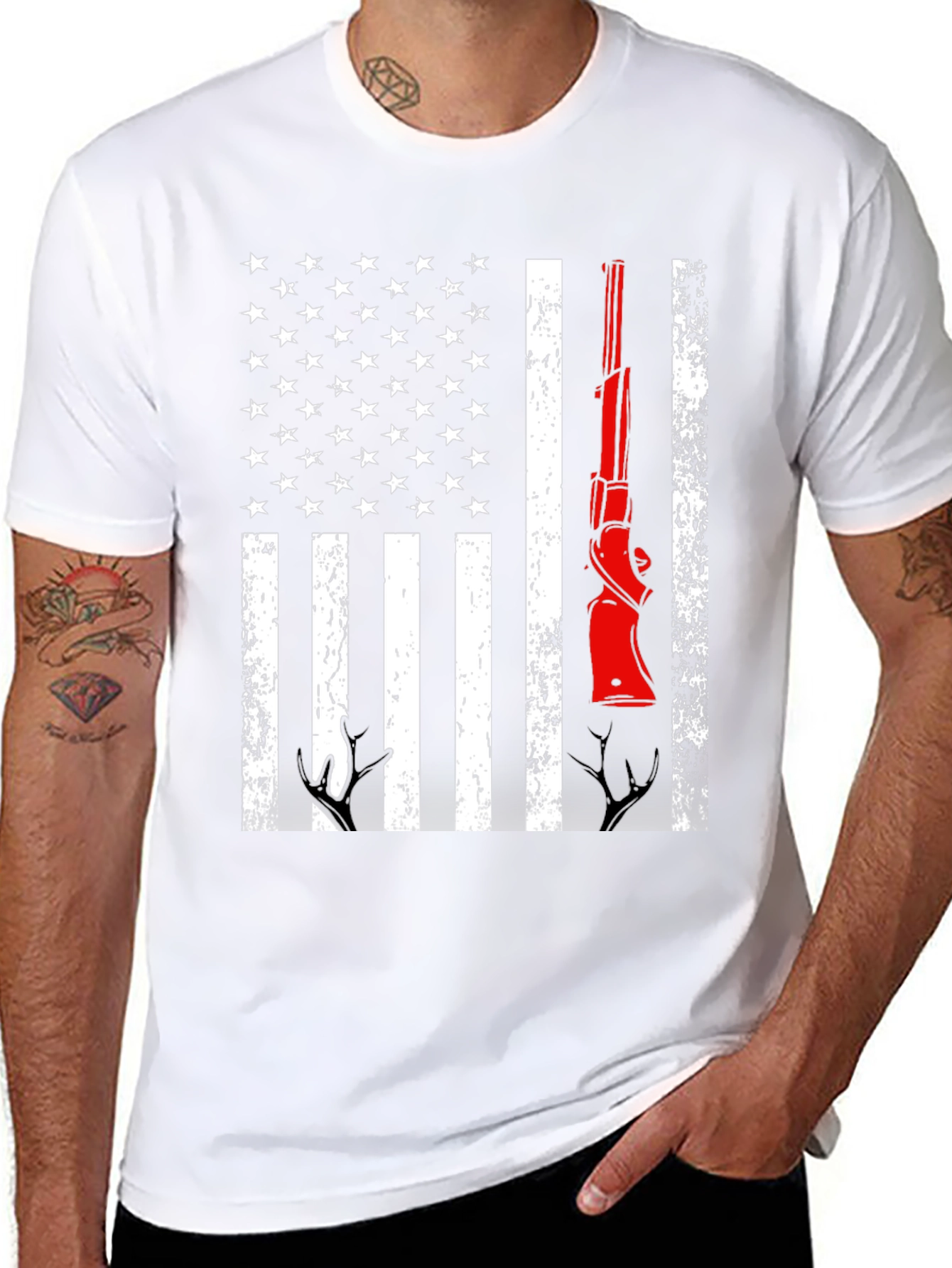 Patriotic Hunting T-Shirt American Flag Gun Deer Antlers