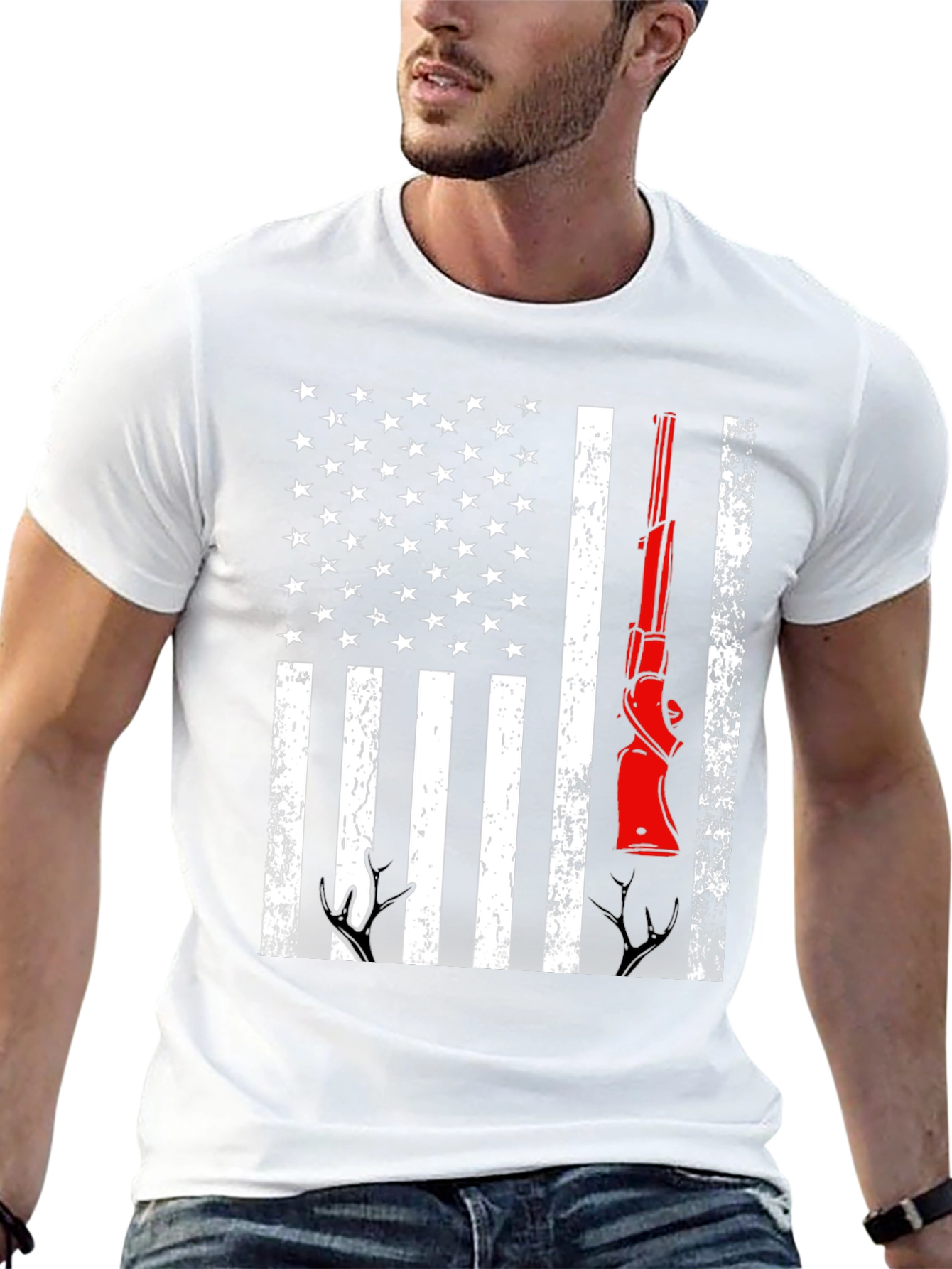 Patriotic Hunting T-Shirt American Flag Gun Deer Antlers