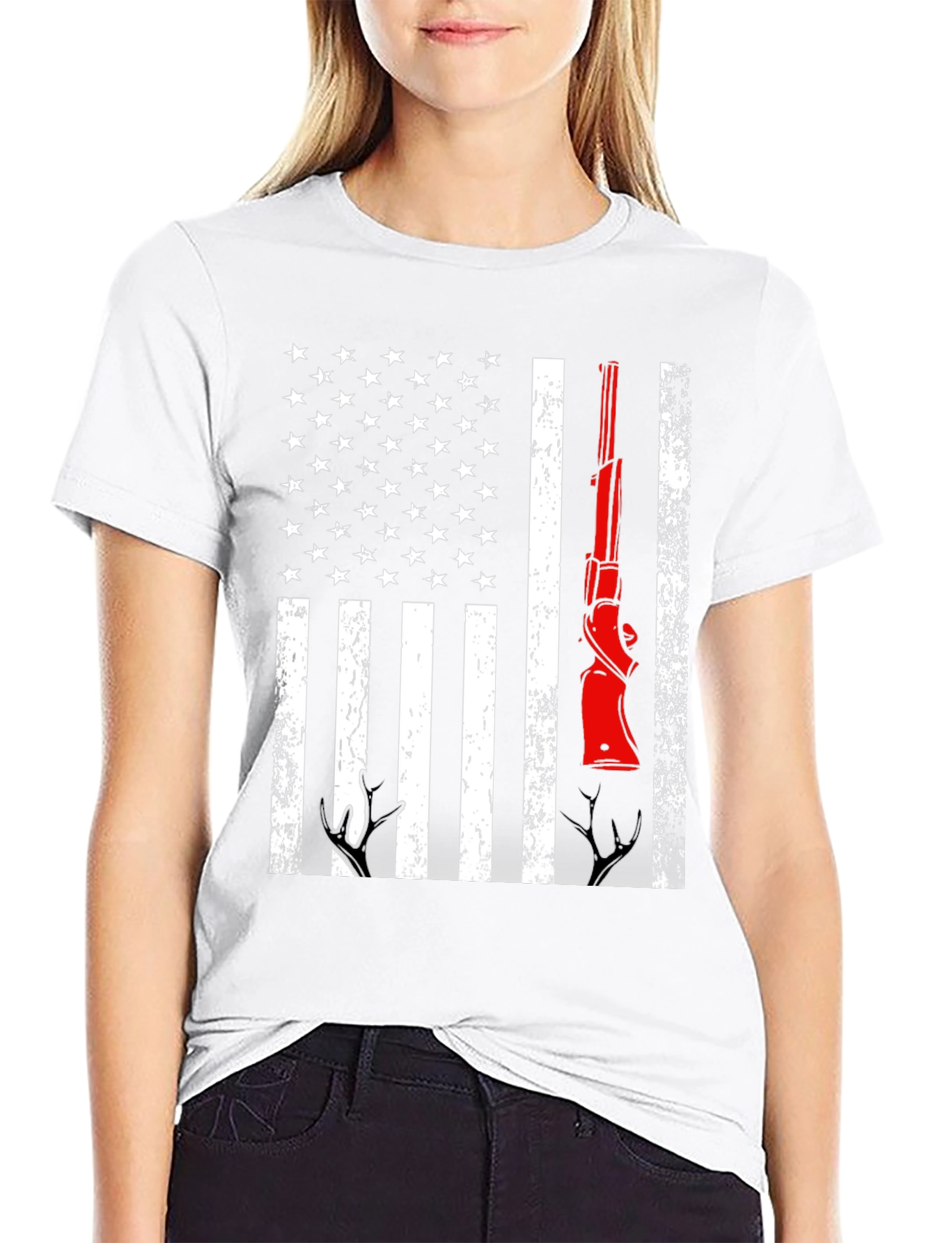 Patriotic Hunting T-Shirt American Flag Gun Deer Antlers