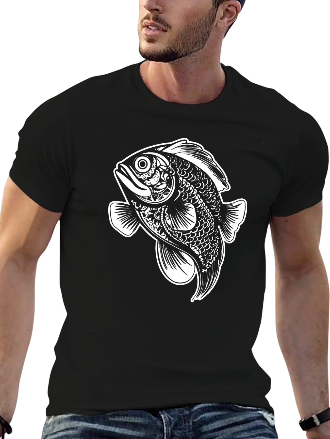 Black T-Shirt with Artistic Fish Graphic