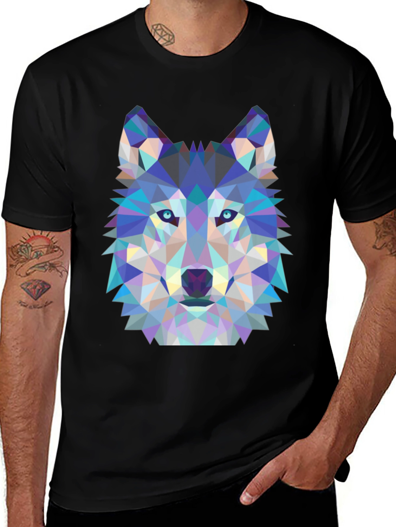 Geometric Wolf Graphic Tee - Black