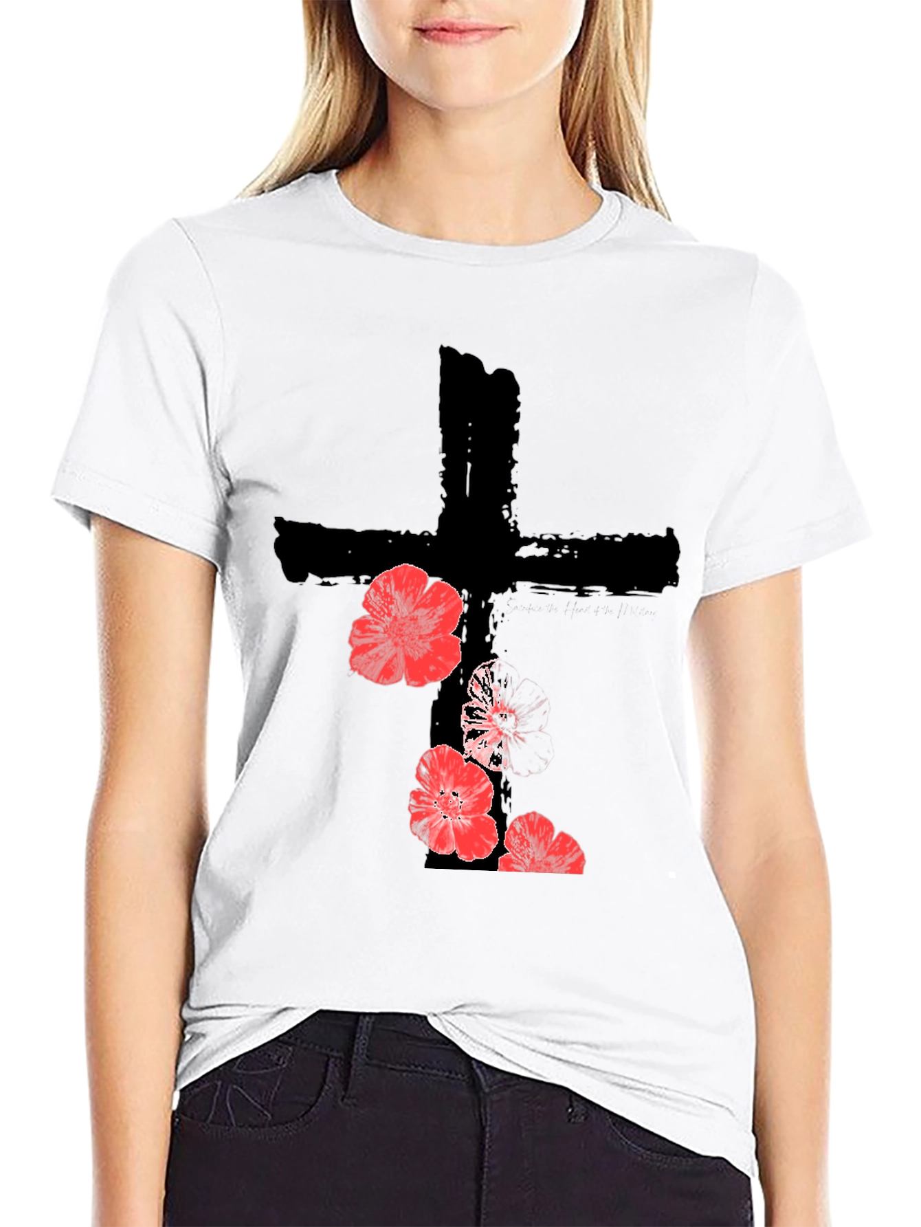 Floral Cross Graphic T-Shirt - Black