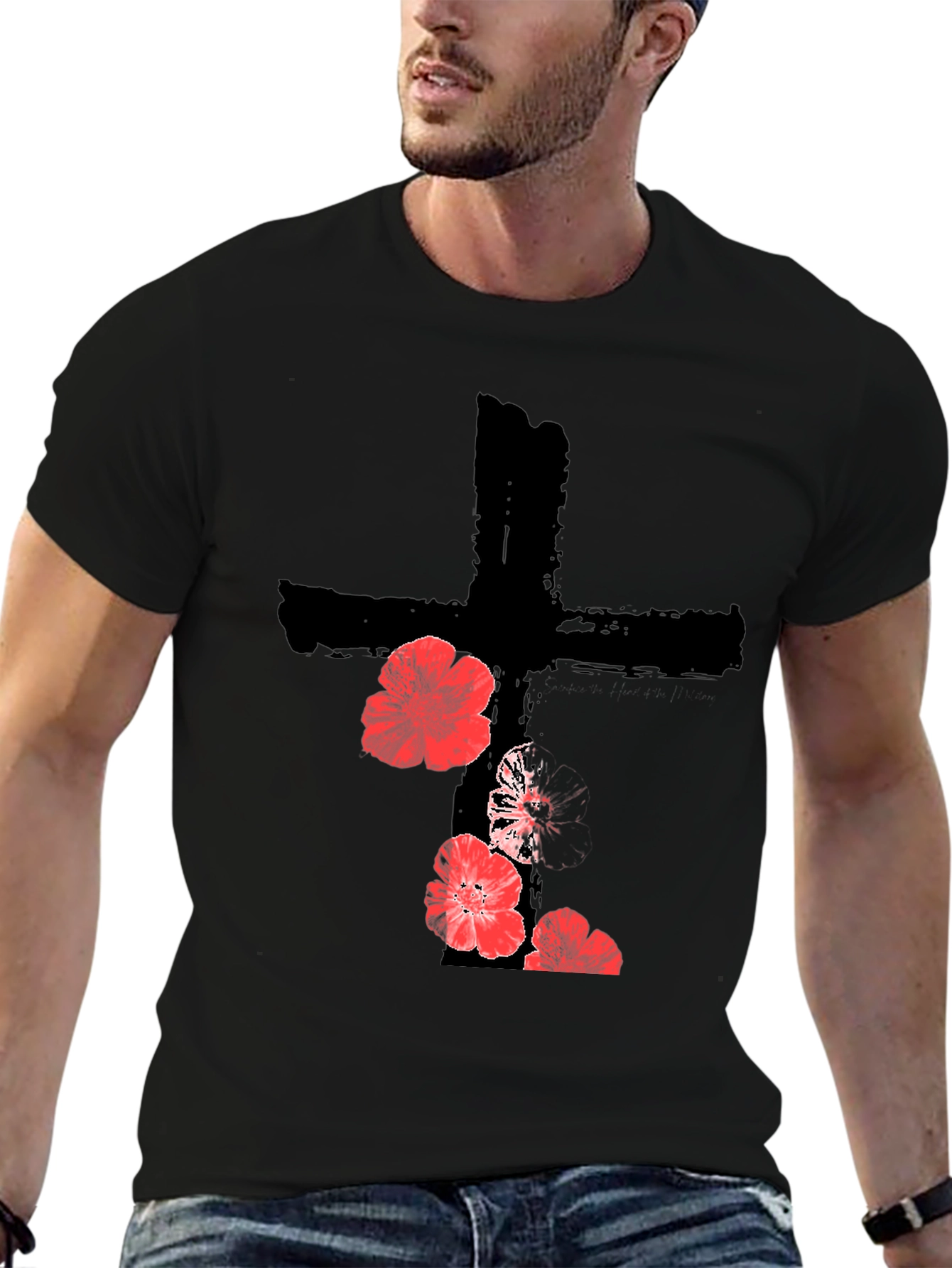 Floral Cross Graphic T-Shirt - Black