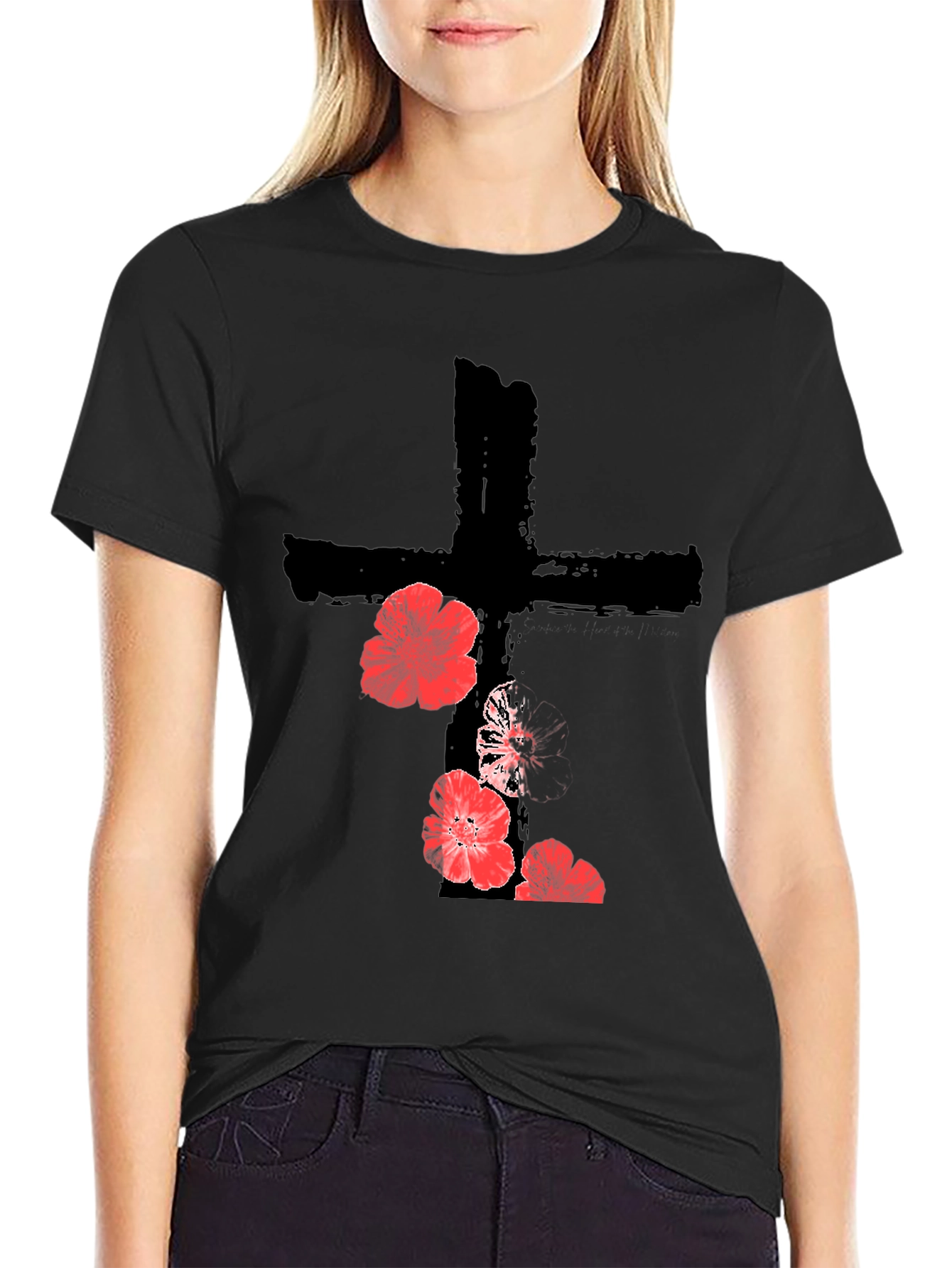 Floral Cross Graphic T-Shirt - Black