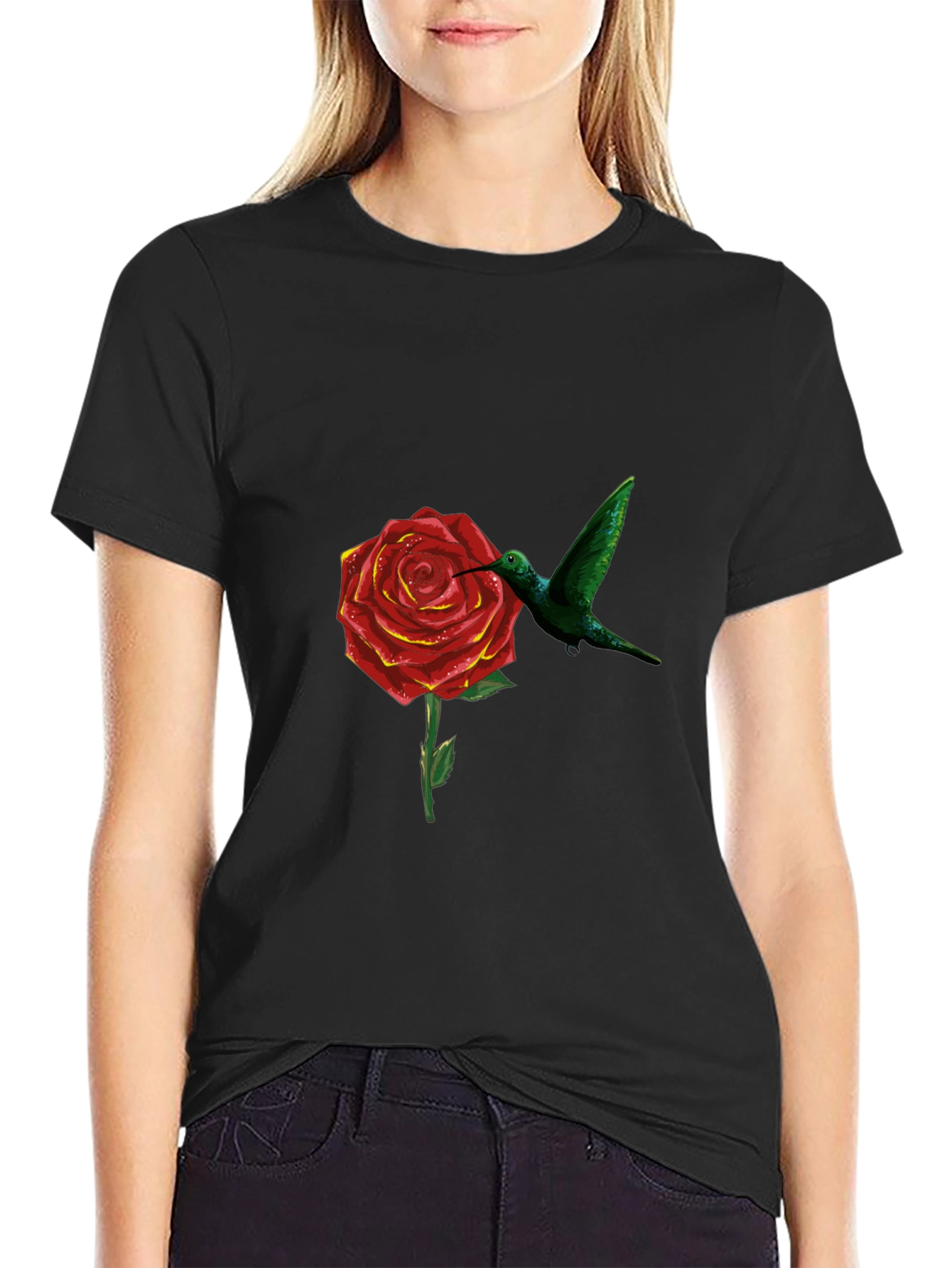 Hummingbird and Rose Graphic Black T-Shirt