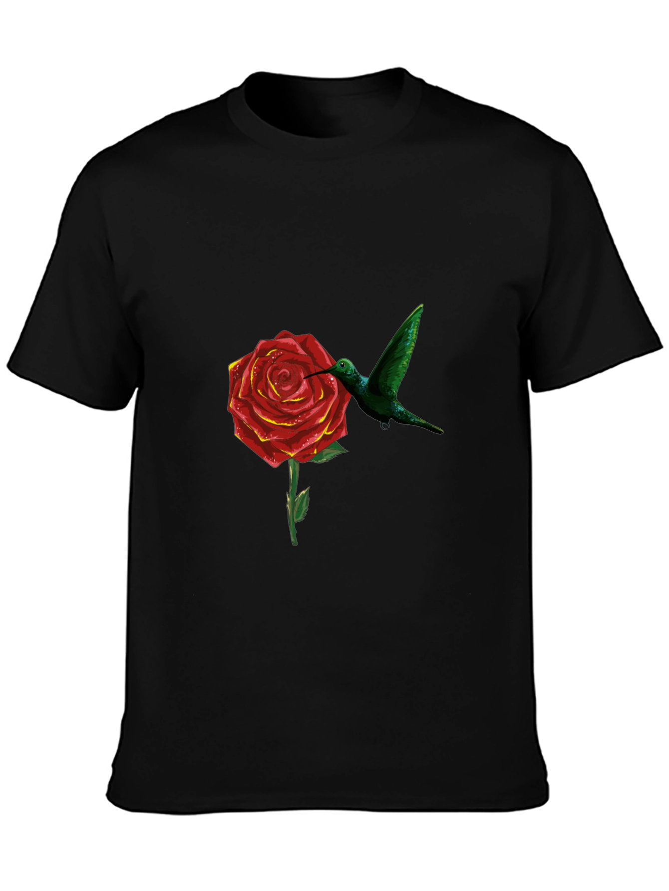Hummingbird and Rose Graphic Black T-Shirt
