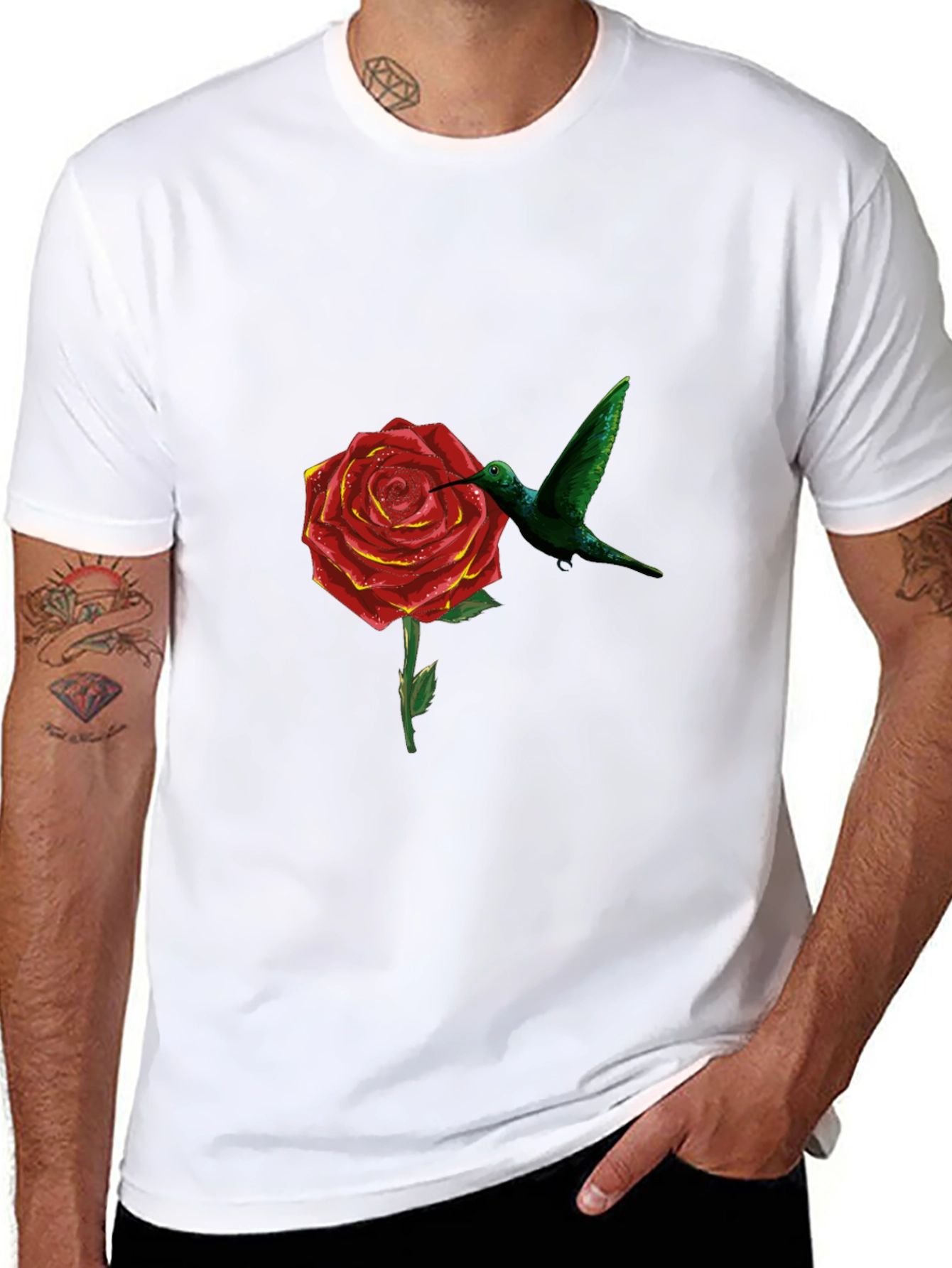 Hummingbird and Rose Graphic Black T-Shirt