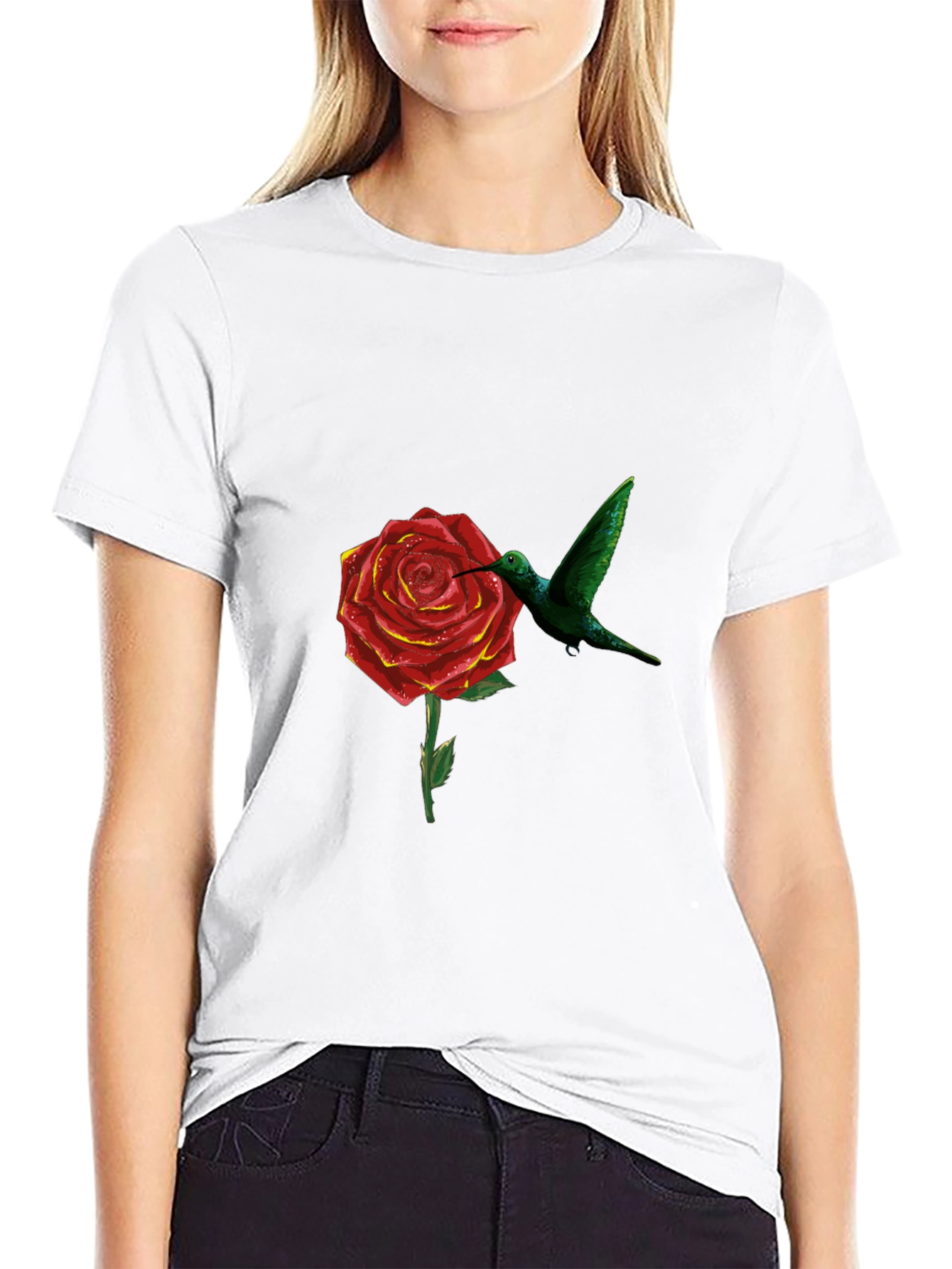 Hummingbird and Rose Graphic Black T-Shirt