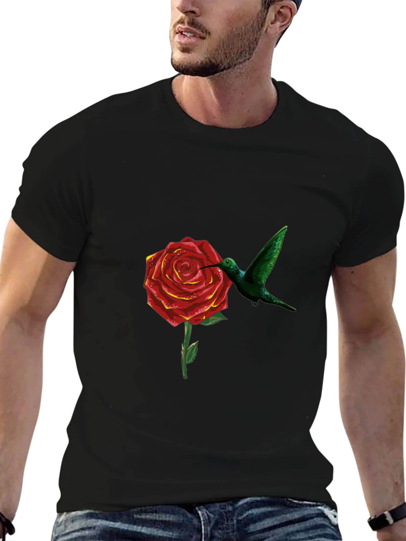 Hummingbird and Rose Graphic Black T-Shirt