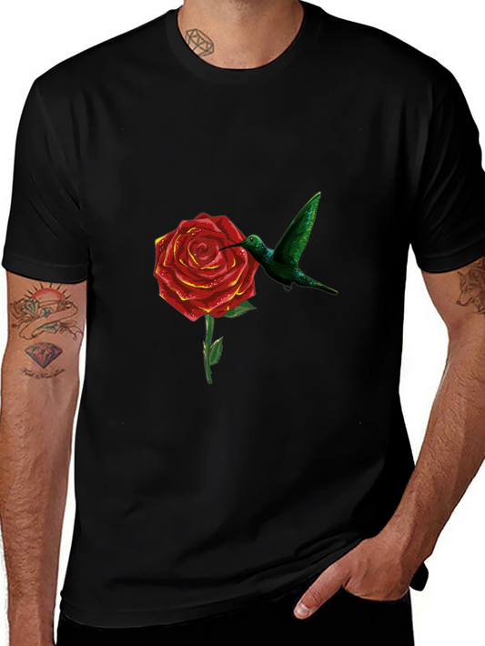 Hummingbird and Rose Graphic Black T-Shirt